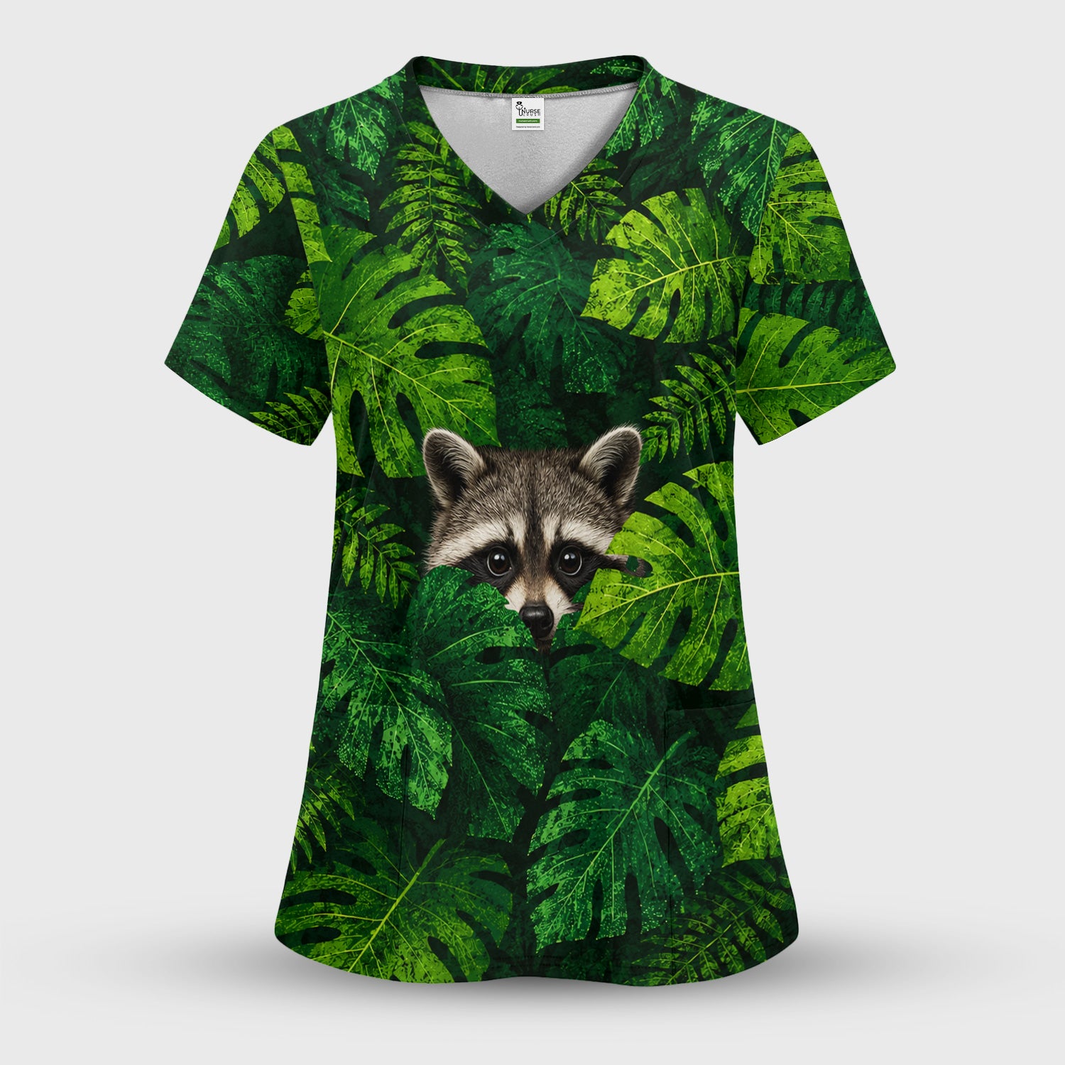 Cute Raccoon Tropical Leaf Pattern Scrub Top, Comfortable Scrubs for Nurses