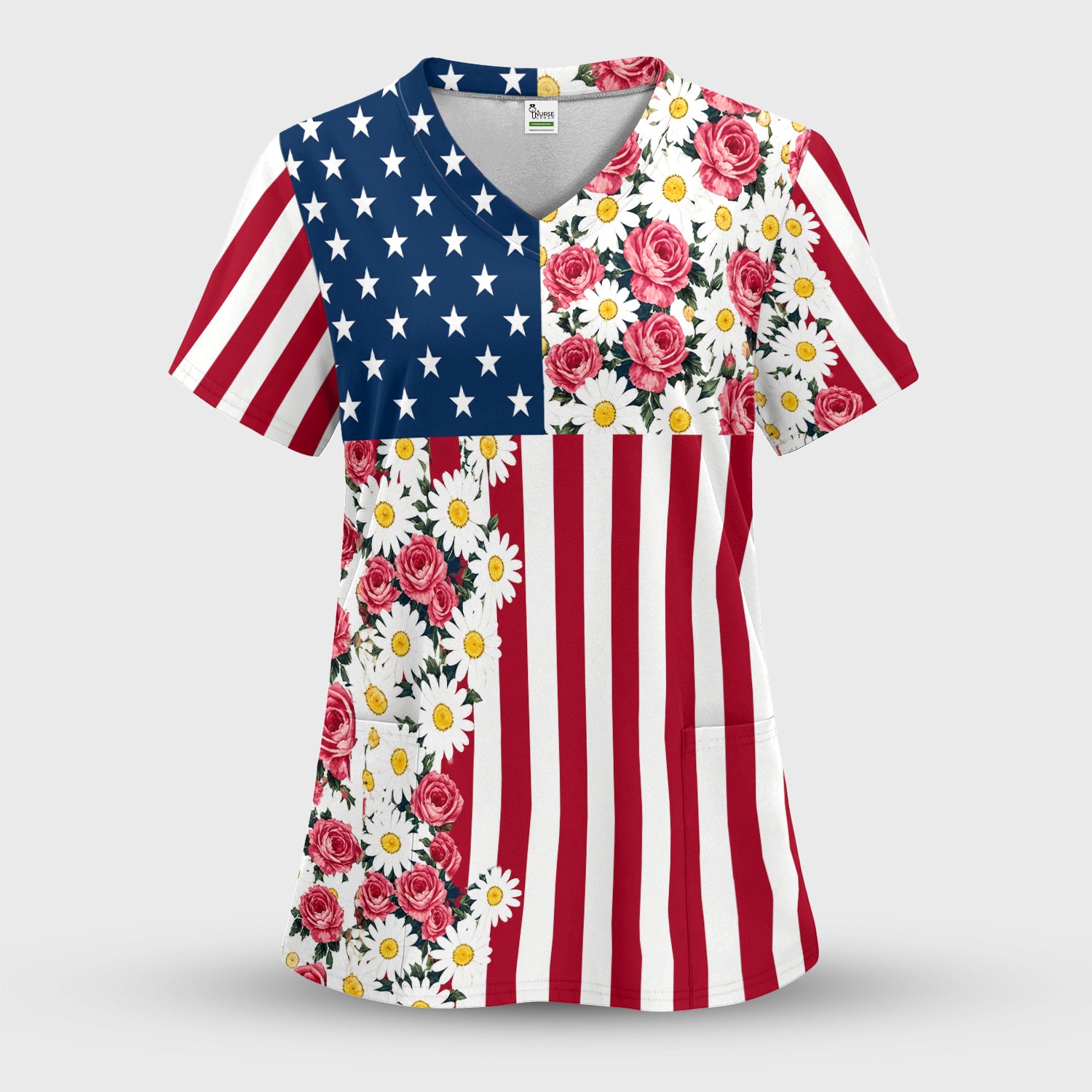 Floral American Flag Nurse Scrub Top for RN, CNA, Healthcare Workers, Patriotic Uniform Scrub Top, Comfortable Scrubs for Nurses