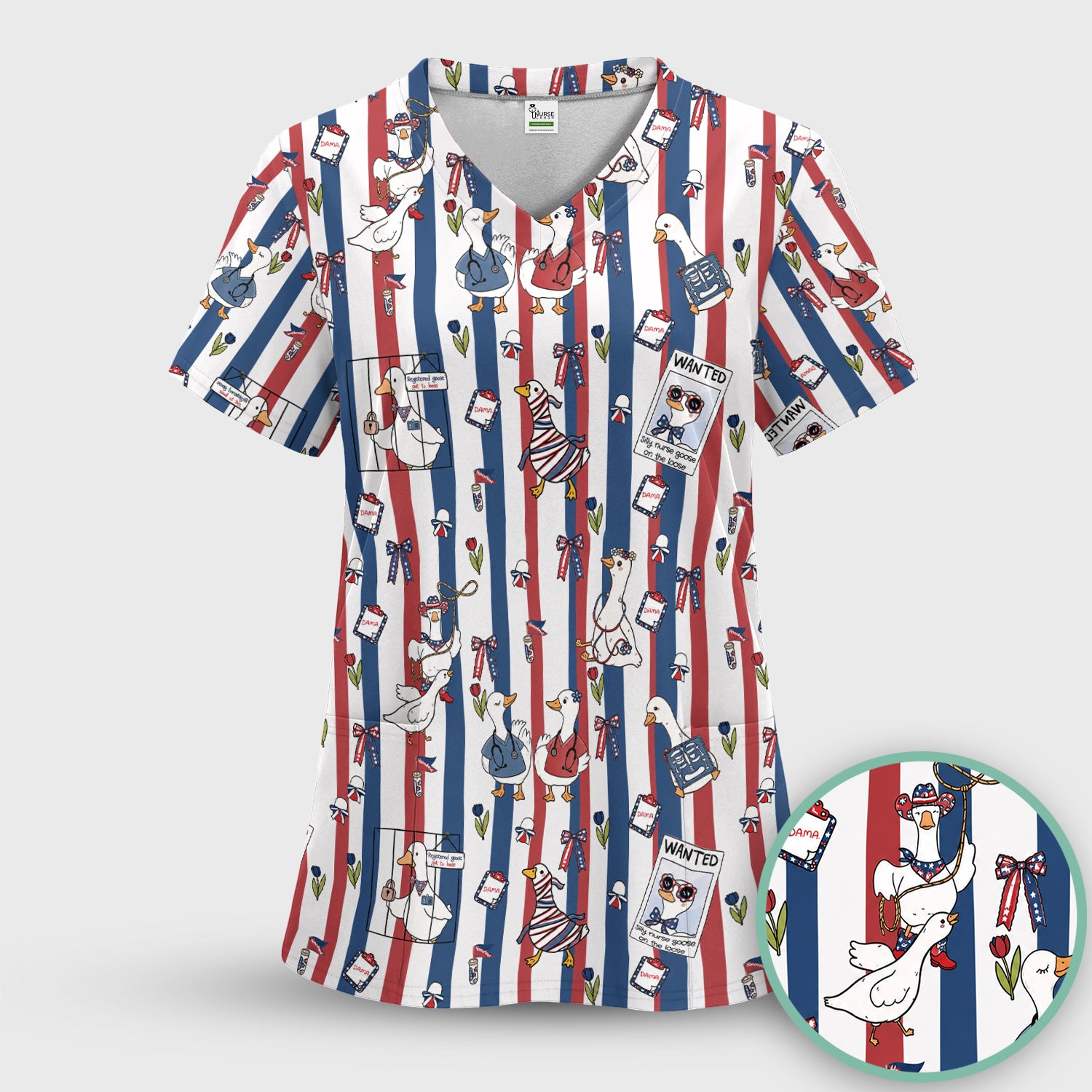Funny Patriotic Goose Nurse Pattern Scrub Top, Comfortable Scrubs for Nurses