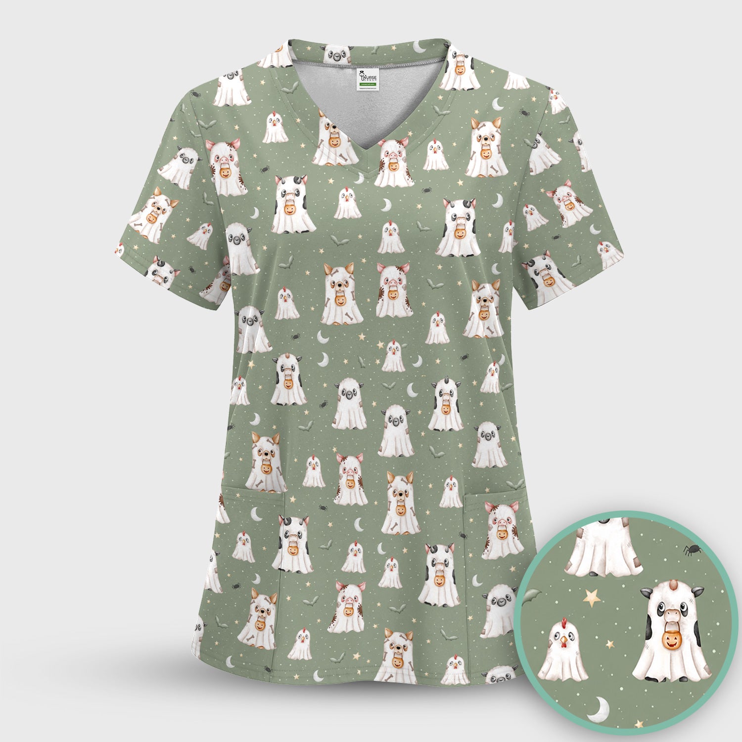 Spooky Farm Animal Ghost Scrub Set, Scrub Pants and V Neck Top