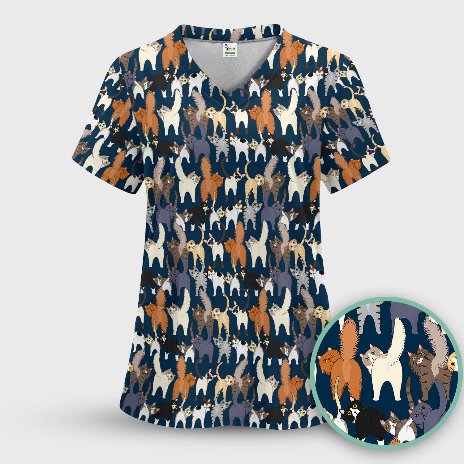 Whimsical Multicolor Cat Cartoon Pattern Scrub Top, Comfortable Scrubs for Nurses