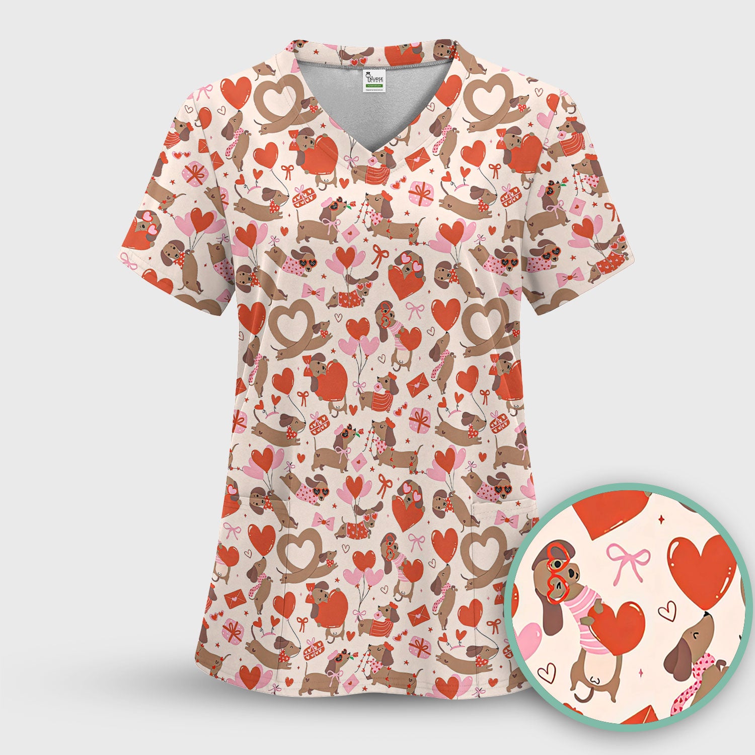 Cute Dachshund Valentine Medical Pattern Scrub Set, Scrub Pants and V Neck Top