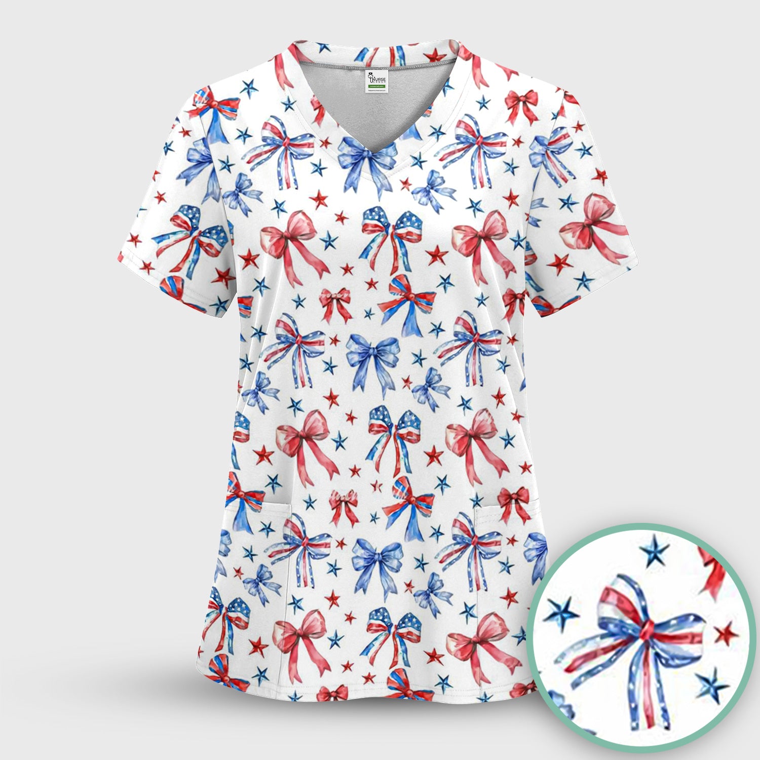 Festive Patriotic Ribbon Bow Star Pattern Scrub Set, Scrub Pants and V Neck Top