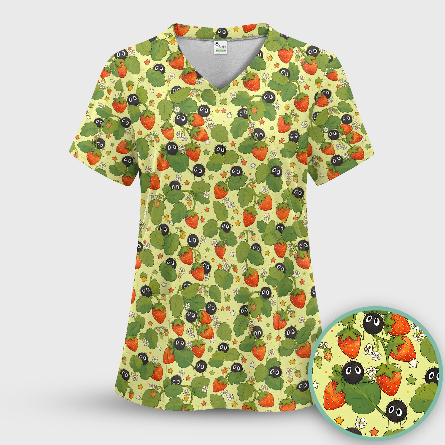 Cute Strawberry Soot Sprite Pattern Scrub Set, Scrub Pants and V Neck Top