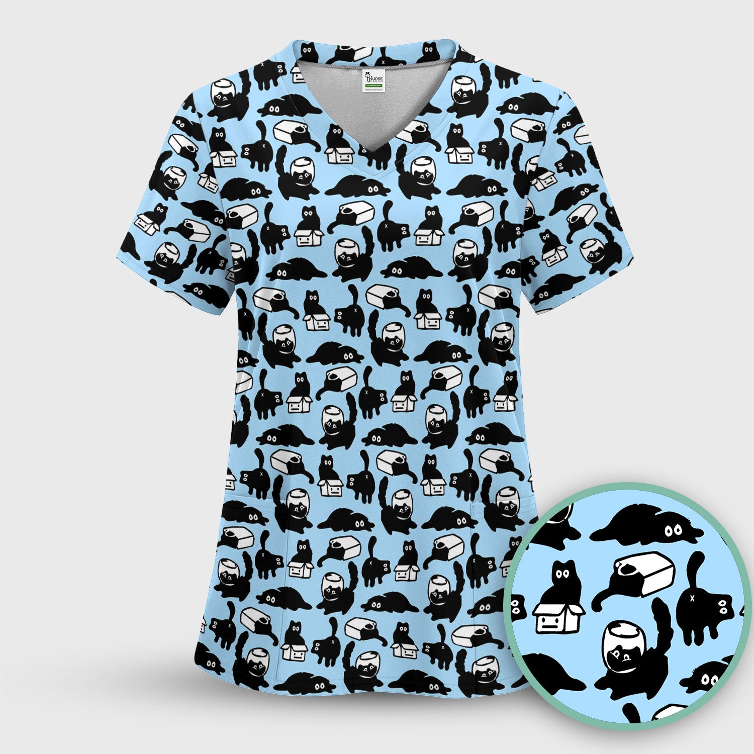 Dark Playful Cat Cartoon Pattern Scrub Top, Comfortable Scrubs for Nurses
