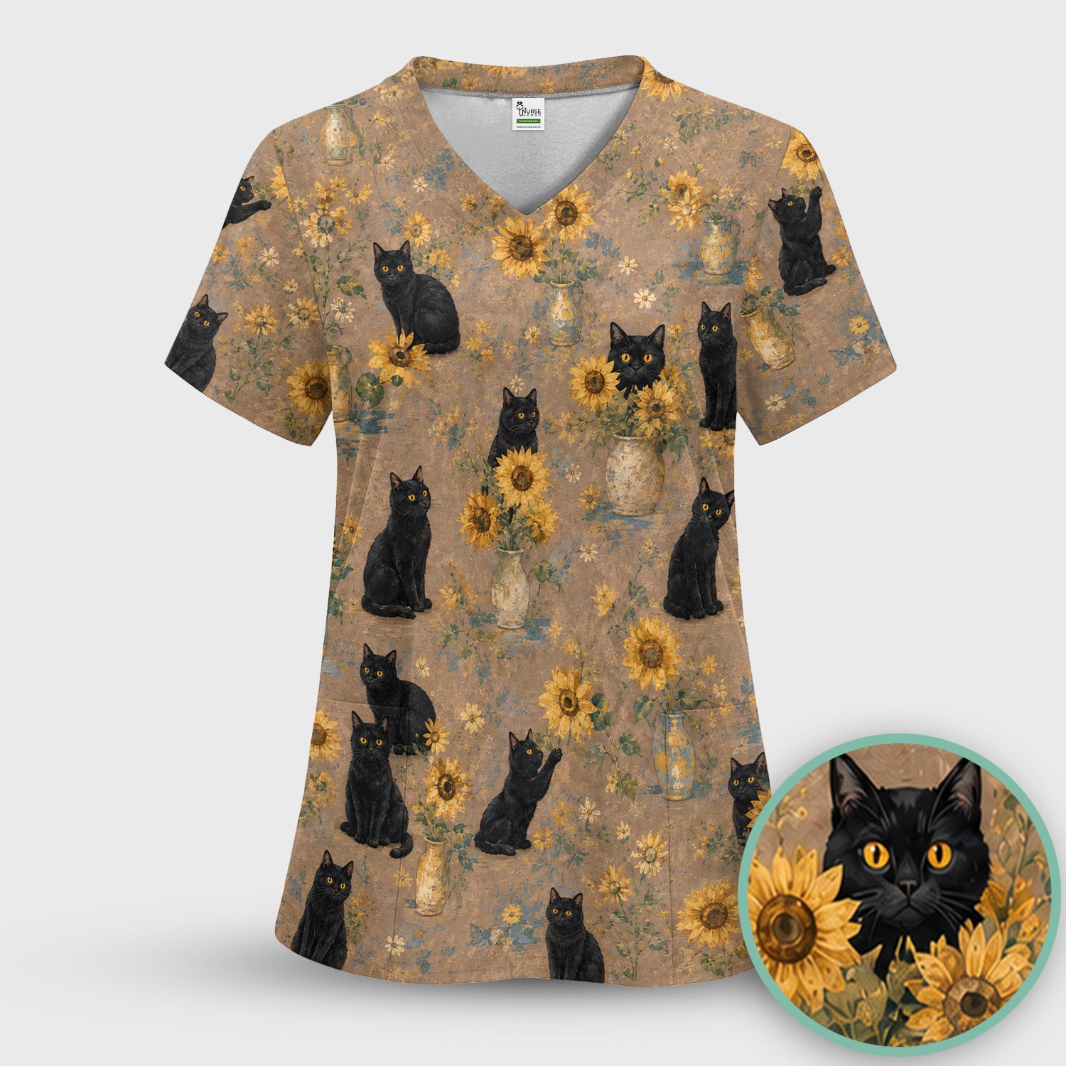 Rustic Sunflower Black Cat Print Scrub Top, Comfortable Scrubs for Nurses