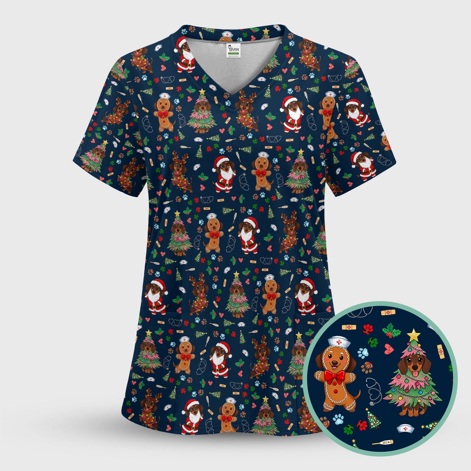Wiener Dog Christmas Scrub Top – Funny Dachshund Pattern Medical Shirt – Festive Holiday Uniform for RN, LPN, CNA, and Vet Techs