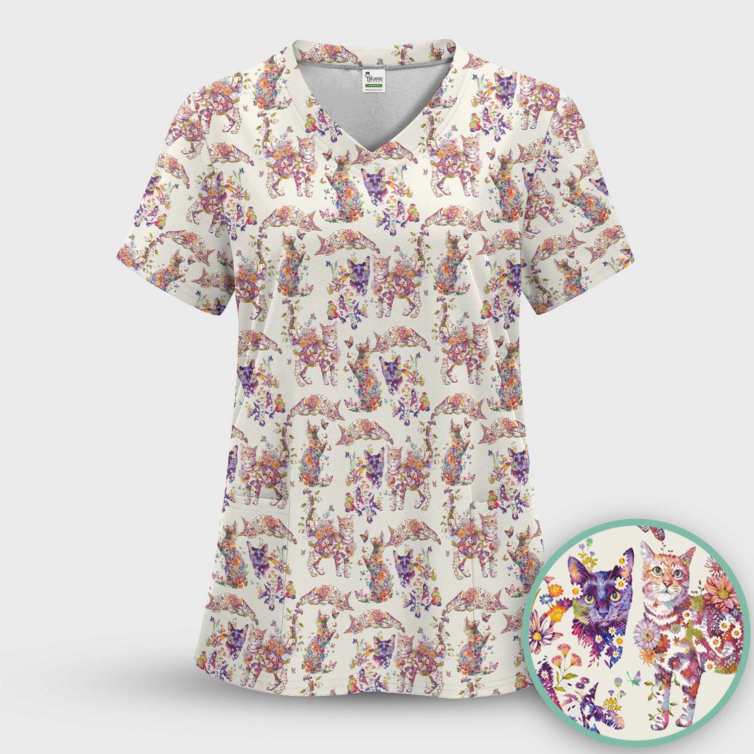 Whimsical Floral Cat Garden Pattern Scrub Top, Comfortable Scrubs for Nurses