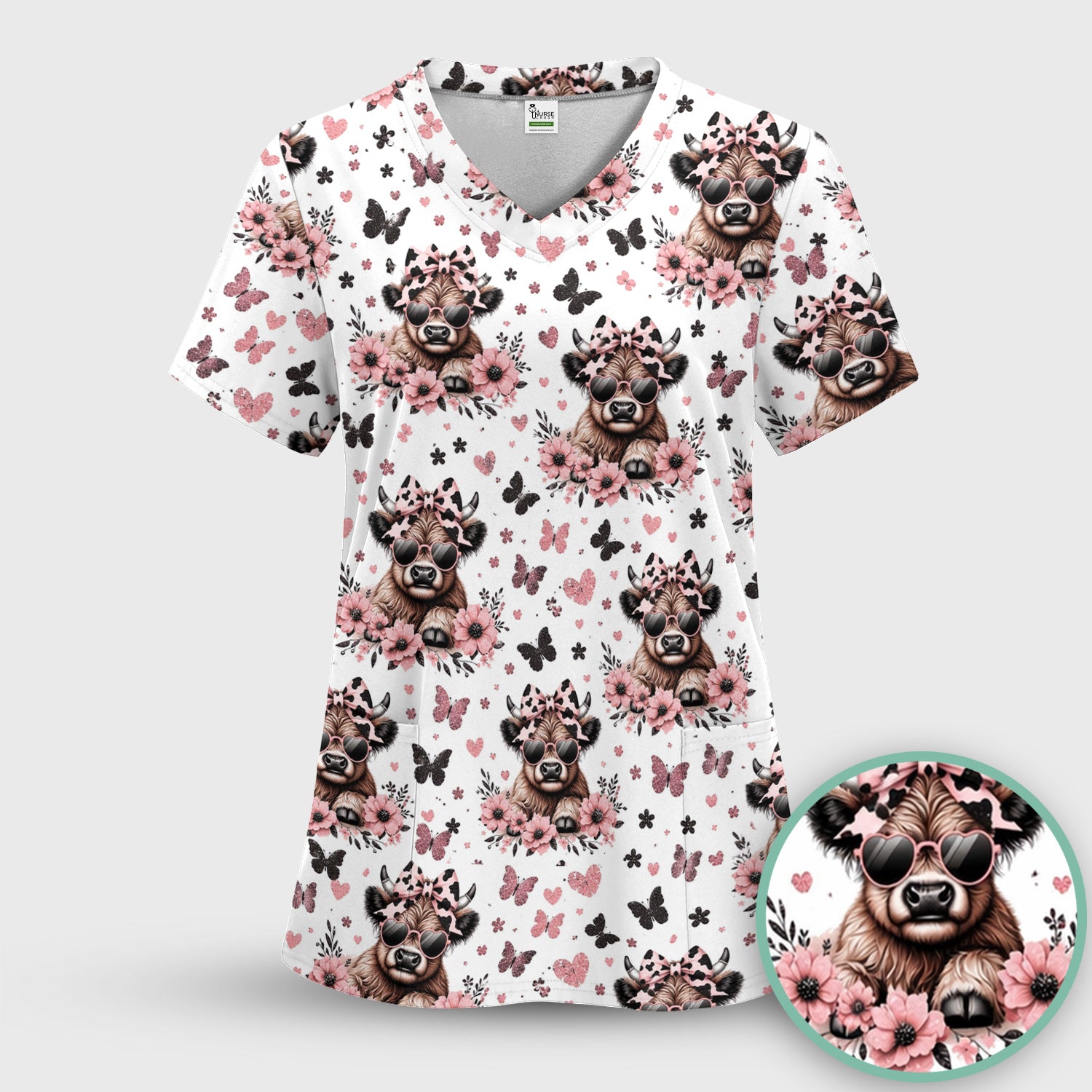Cute Cow With Heart Sunglasses Pattern Scrub Top, Comfortable Scrubs for Nurses