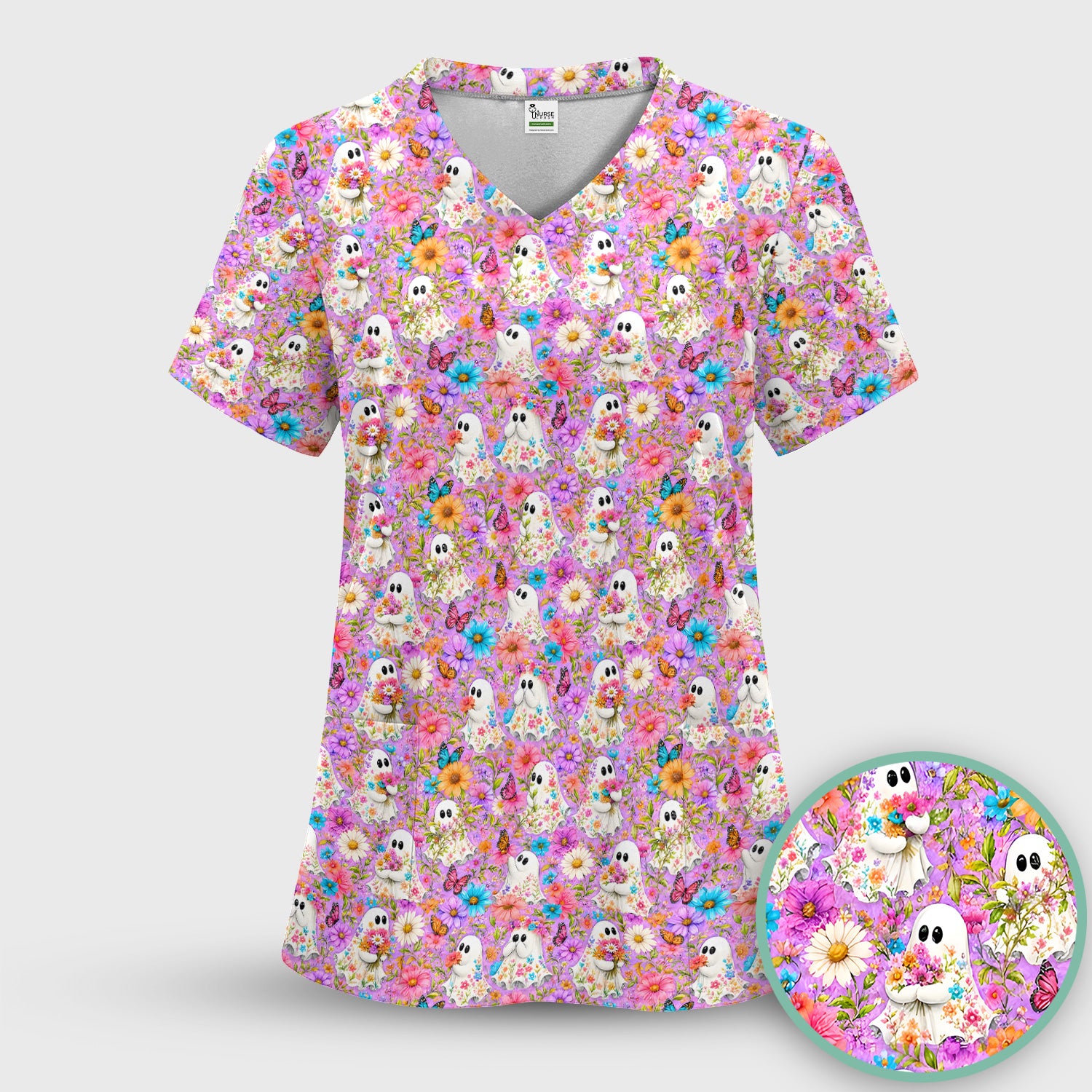 Cute Halloween Floral Ghosts And Butterflies Scrub Top, Comfortable Scrubs for Nurses