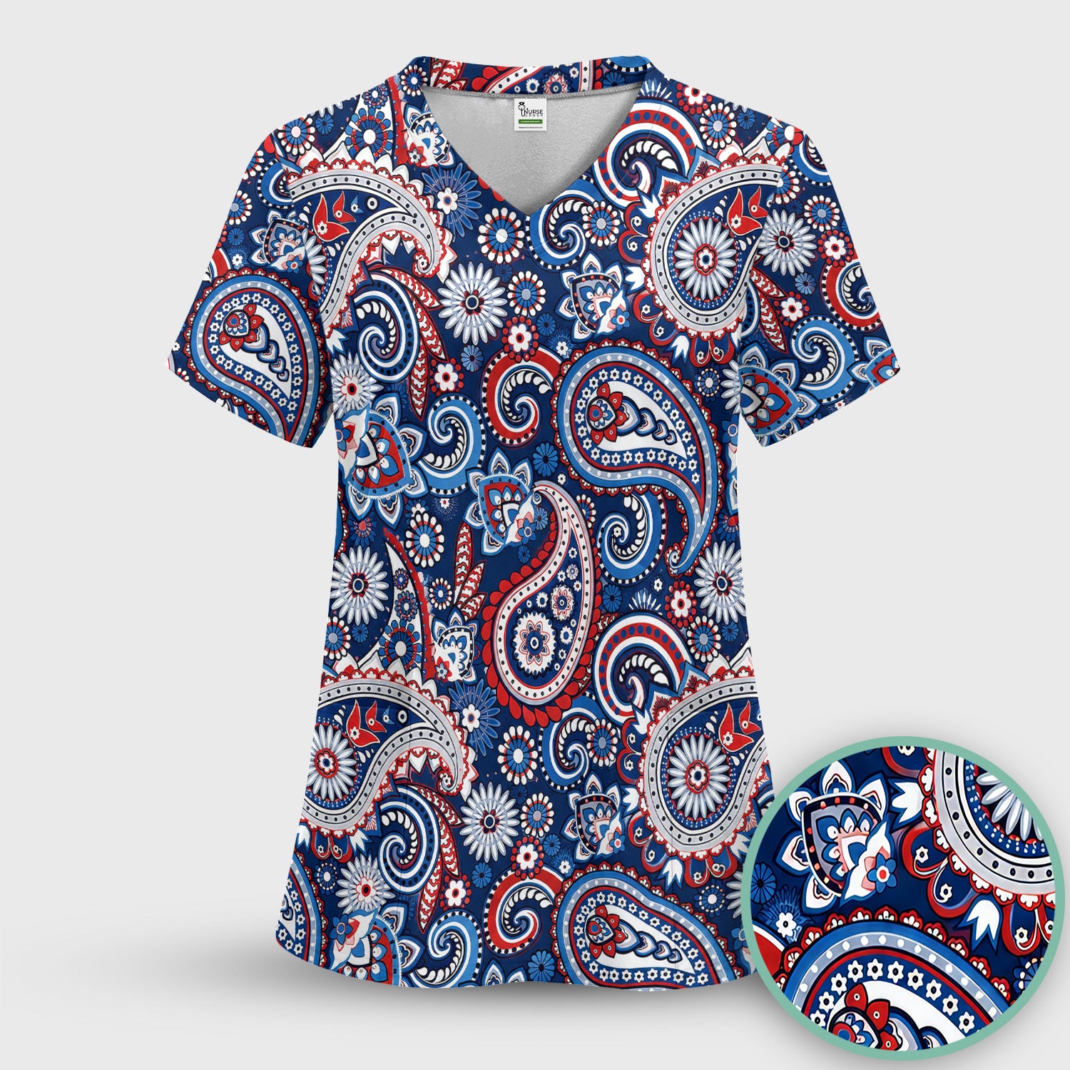 Patriotic Red White Blue Paisley Pattern Scrub Top, Comfortable Scrubs for Nurses