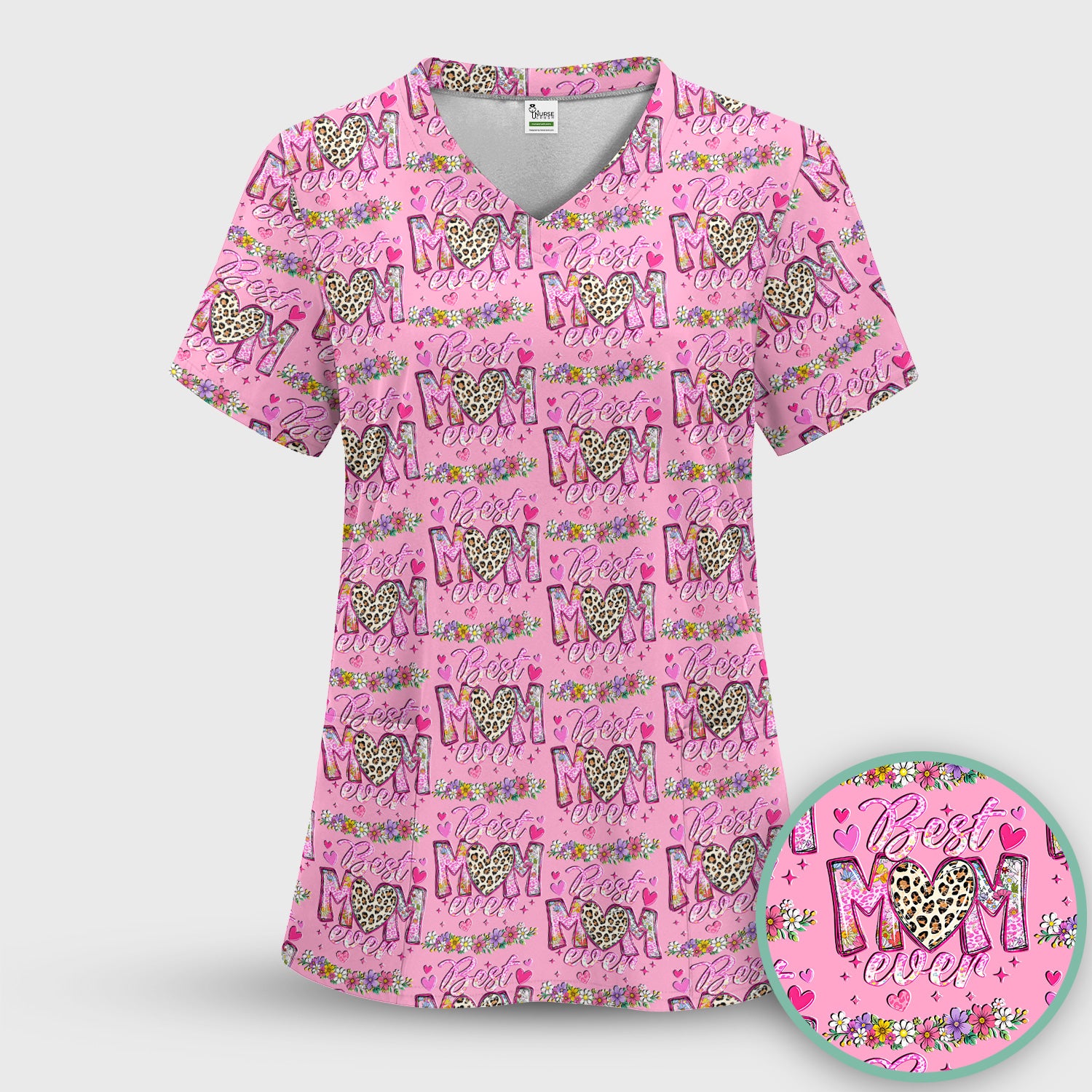 Best Mom Ever Leopard Heart Floral Pattern Scrub Set, Nurse Uniform Scrubs Set