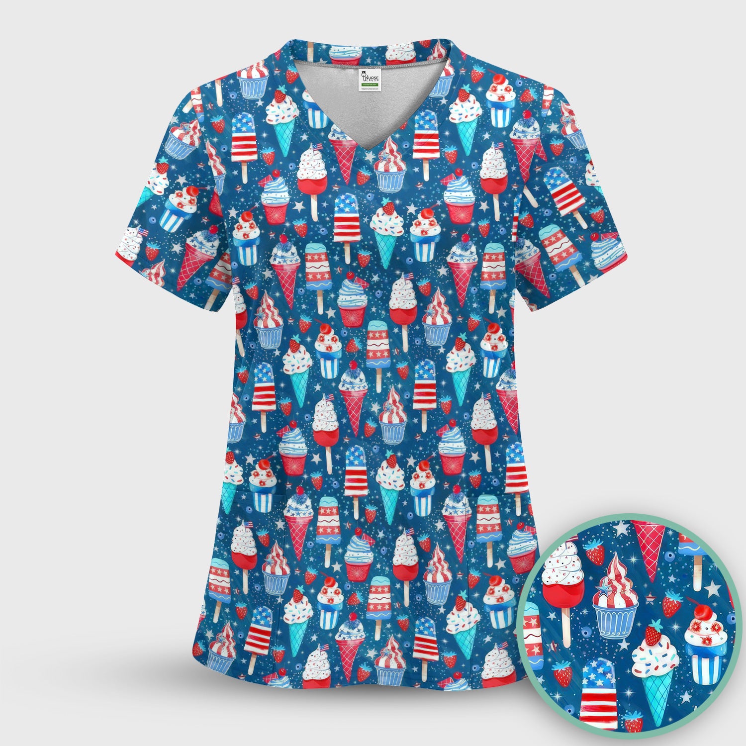 Cute Patriotic Ice Cream Popsicles With USA Flag Dessert Scrub Set, Scrub Pants and V Neck Top