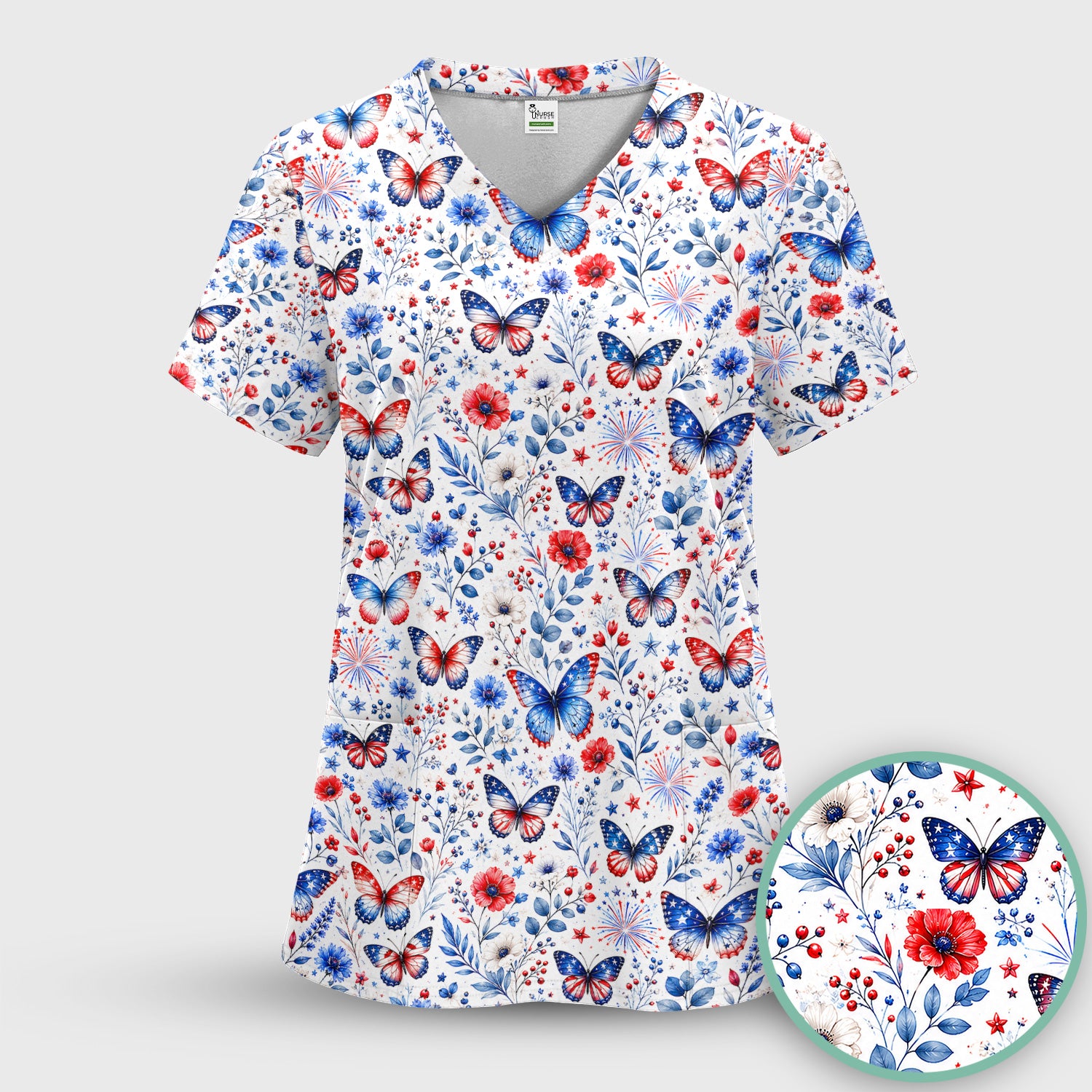 Patriotic Butterfly Fireworks Floral Pattern Scrub Top, Comfortable Scrubs for Nurses
