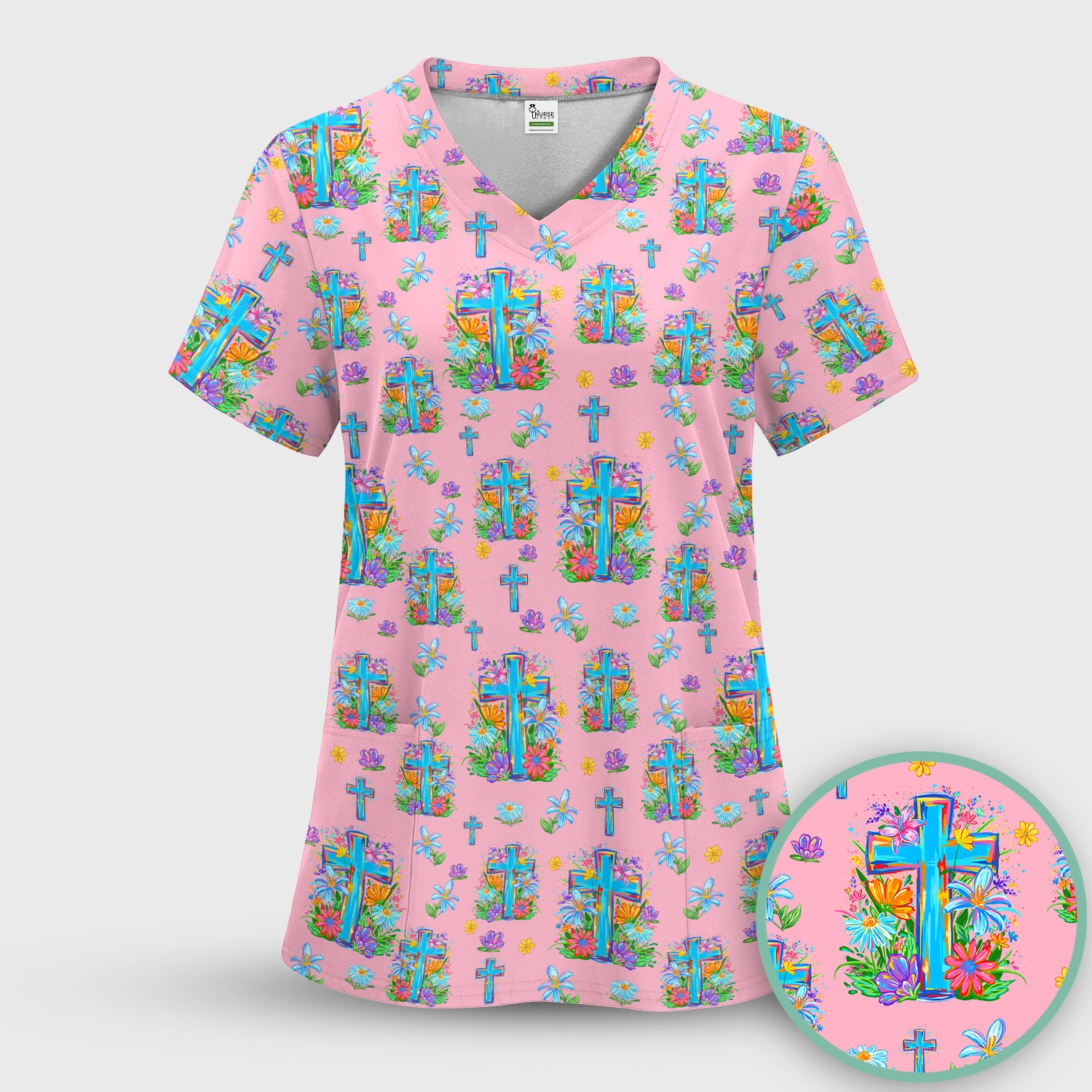 Christian Floral Cross Spring Pattern Scrub Set, Nurse Uniform Scrubs Set