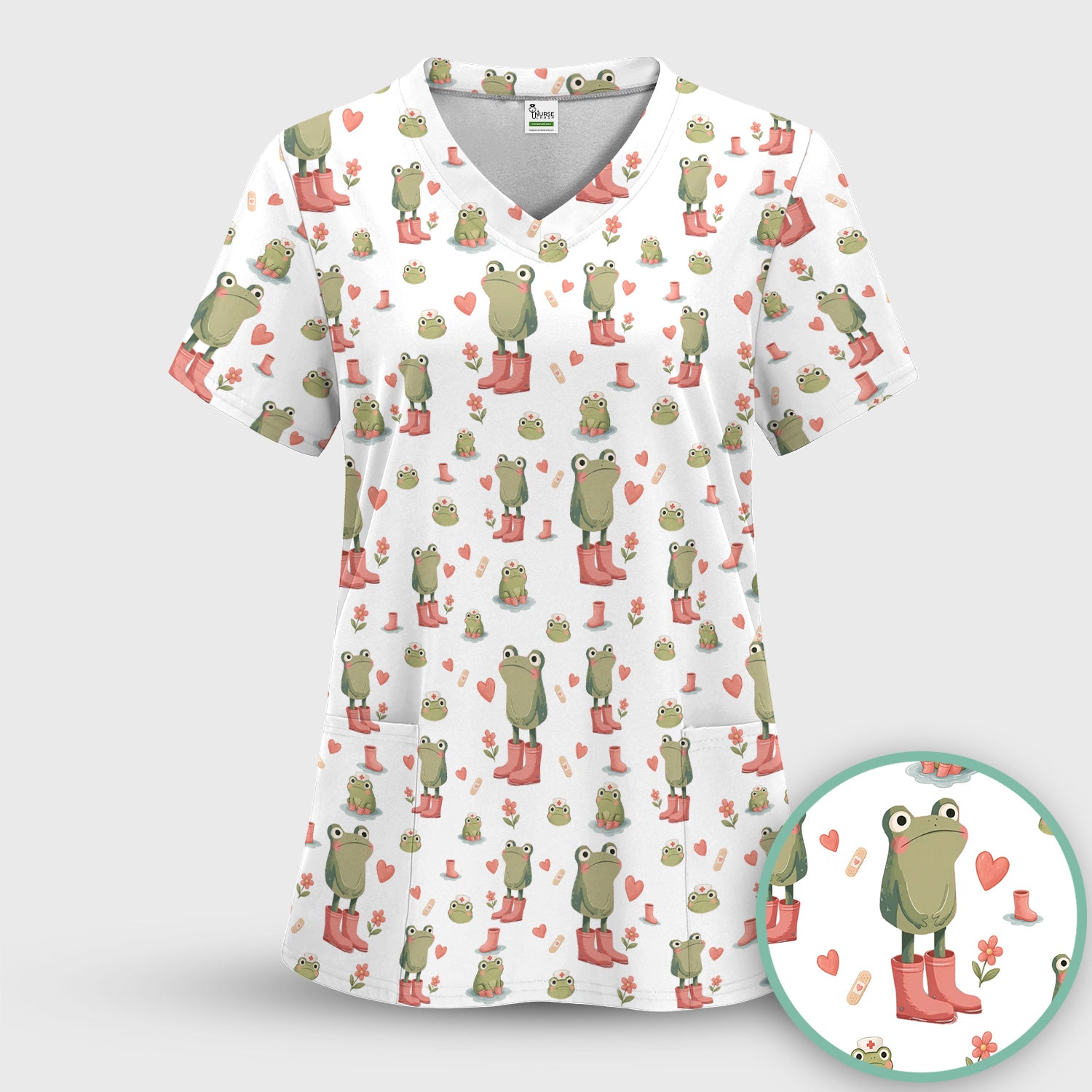 Adorable Frog Boots Heart Pattern Scrub Top, Comfortable Scrubs for Nurses