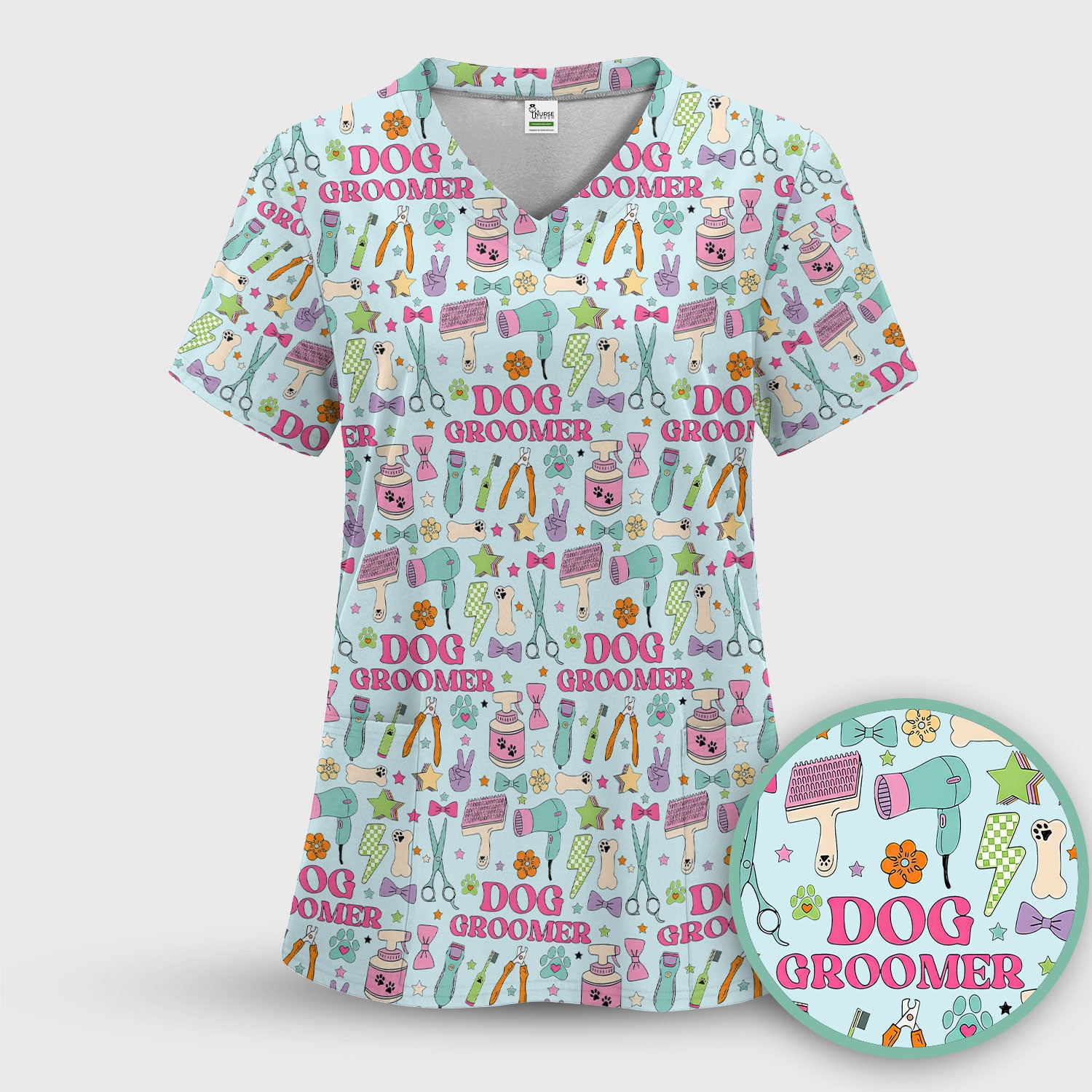Dog Groomer Tools Pattern Nursing Scrub Top, Comfortable Scrubs for Nurses