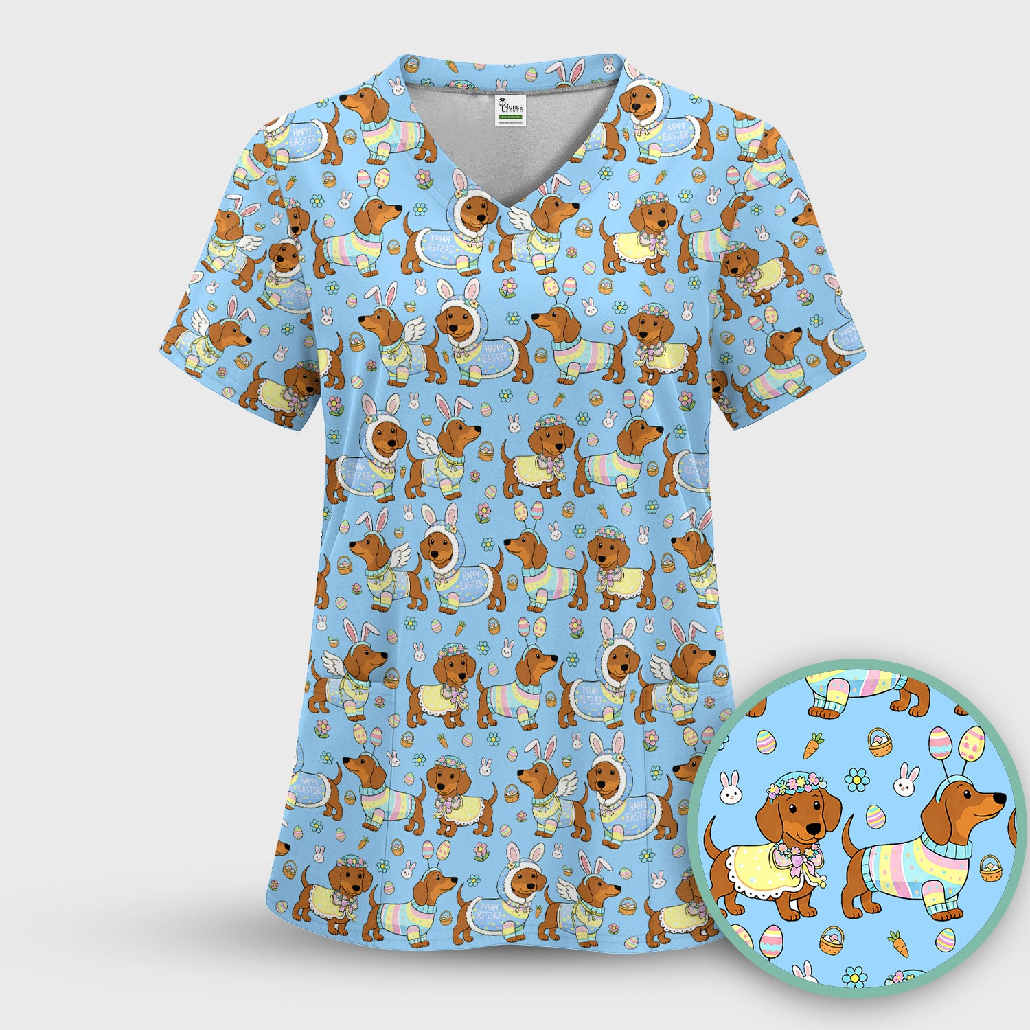 Easter Dachshund Bunny Print Scrub Top, Breathable Fabrics Nursing Uniform