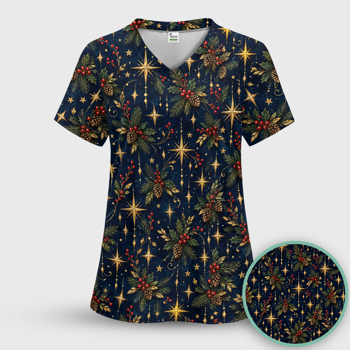 Elegant Christmas Gold Stars and Pinecones Pattern Scrub Top, Comfortable Scrubs for Nurses