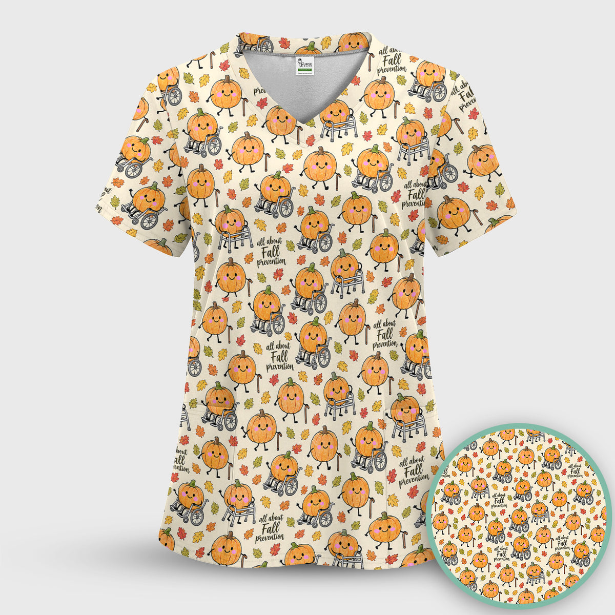 Cute Fall Prevention Pumpkin Pattern Scrub Set, Scrub Pants and V Neck Top