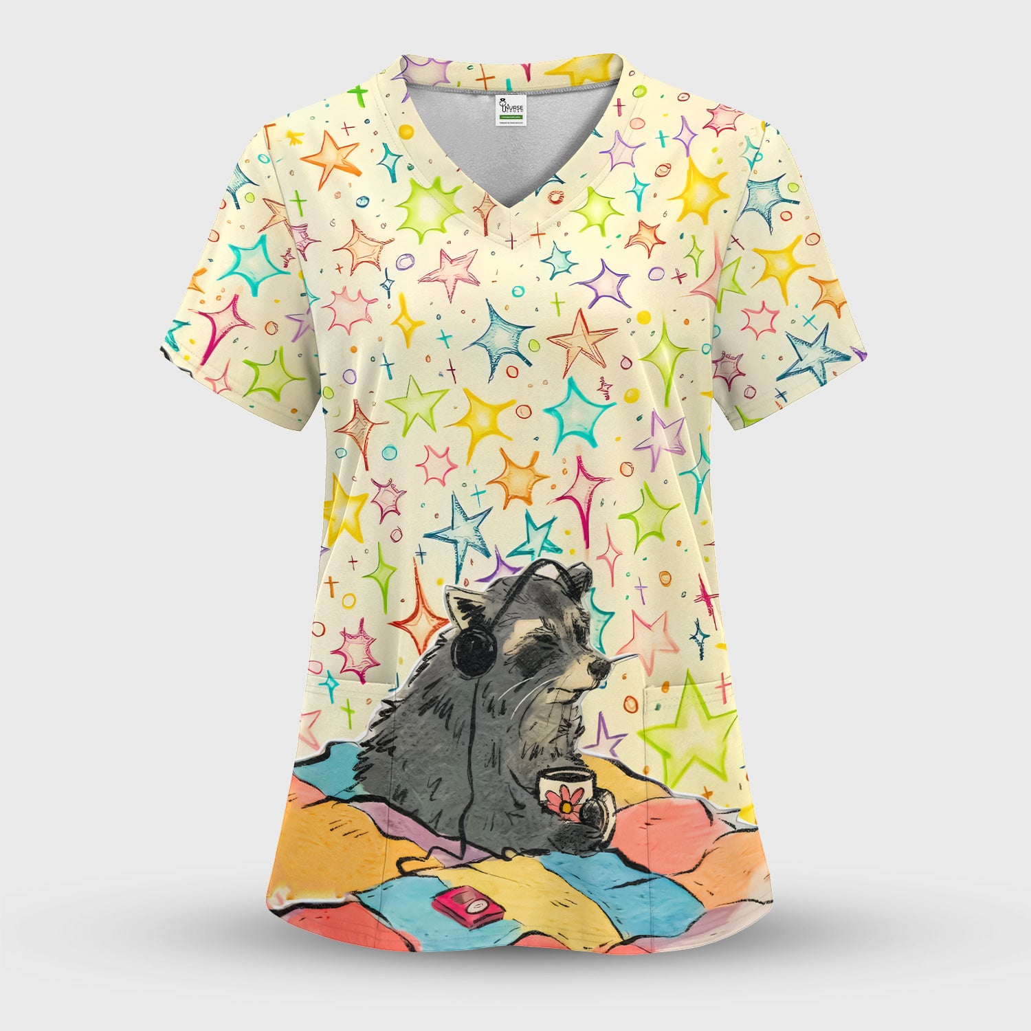 Chill Raccoon Starry Music Pattern Scrub Top, Comfortable Scrubs for Nurses