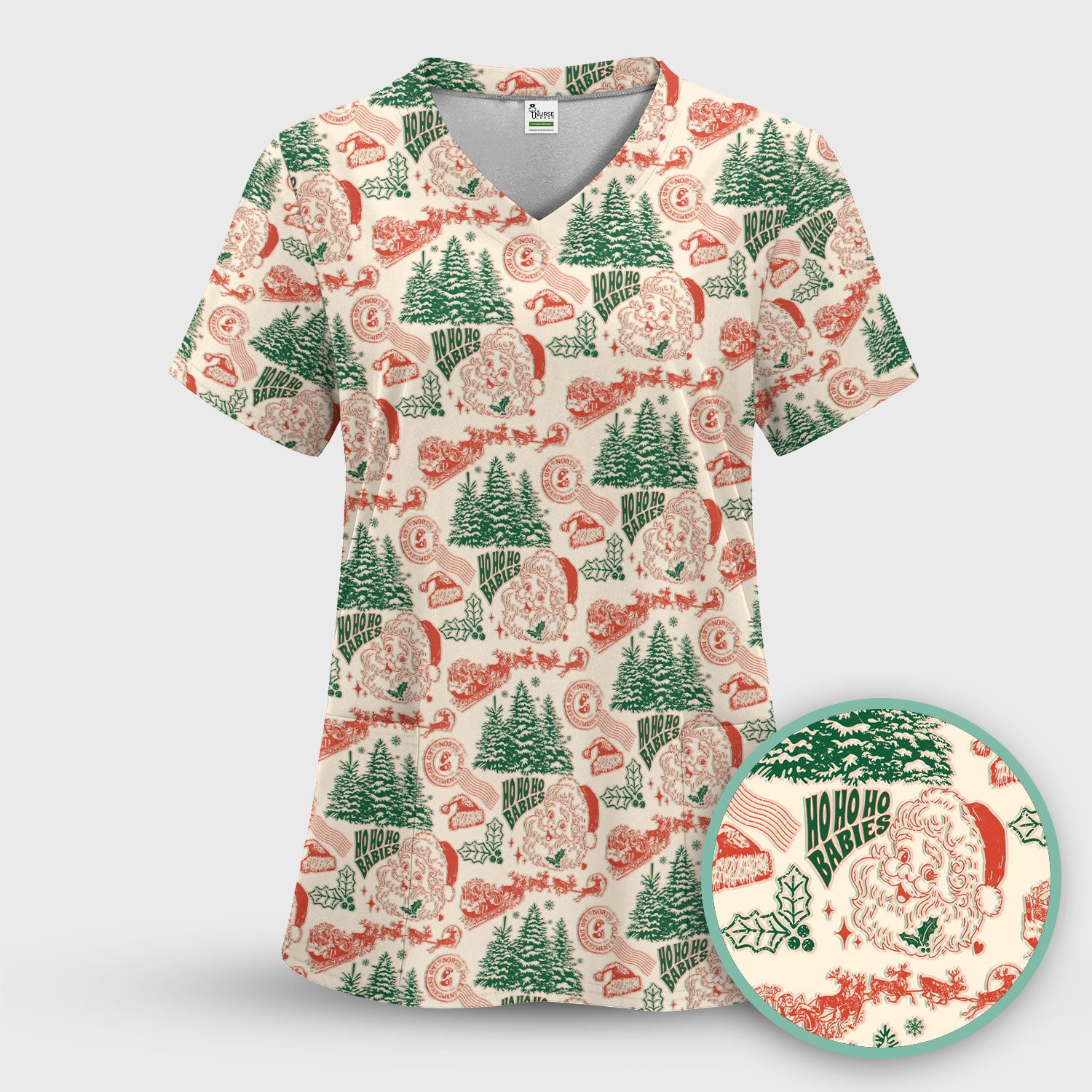 Christmas Santa Scrub Top, Vintage Holiday Nurse Shirt, Festive Medical Uniform For Nursing