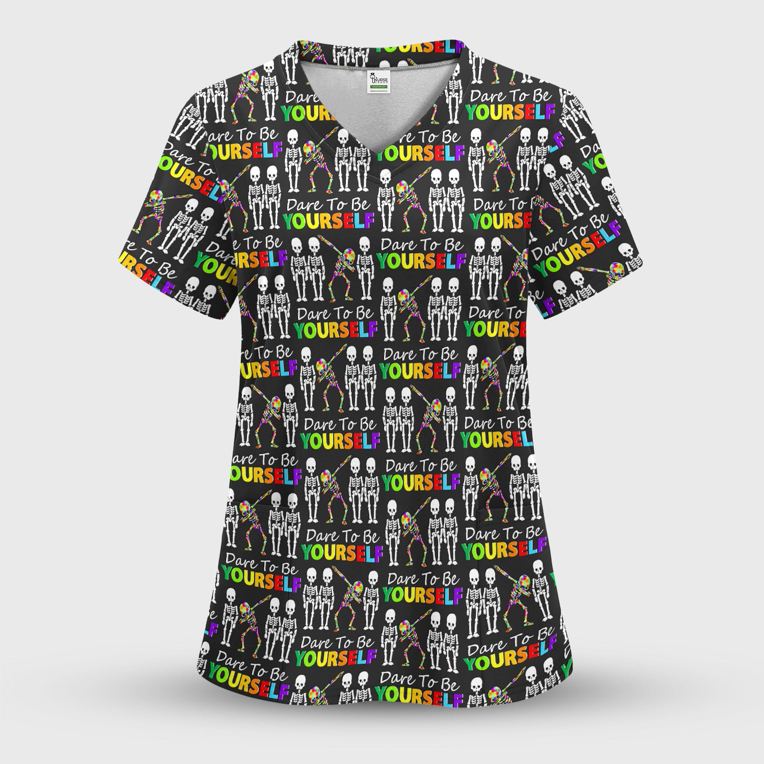 Rainbow Skeleton Dare To Be Yourself Pattern Scrubs Top, Comfortable Scrubs for Nurses