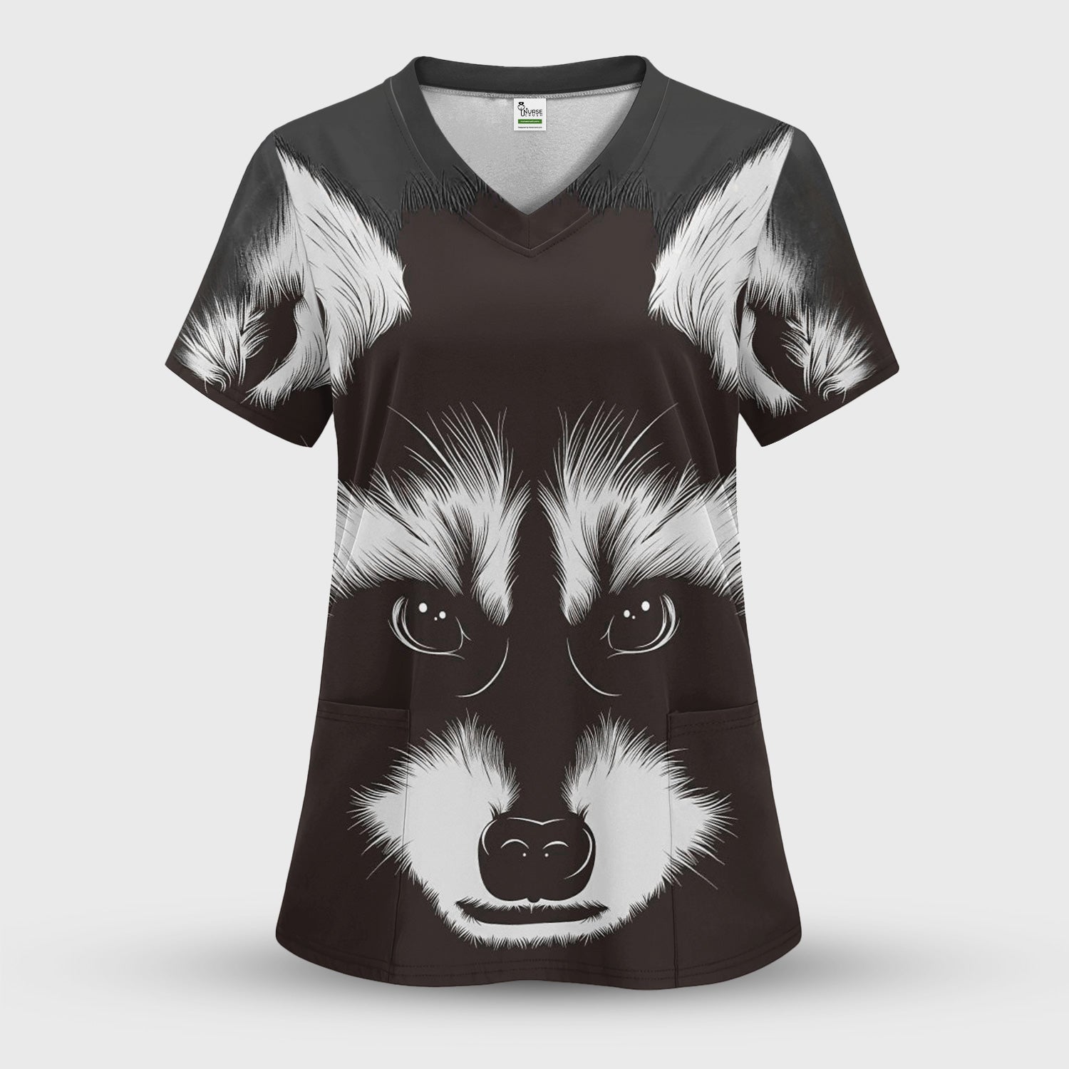 Black White Raccoon Face Pattern Scrub Set, Scrub Pants and V Neck Top