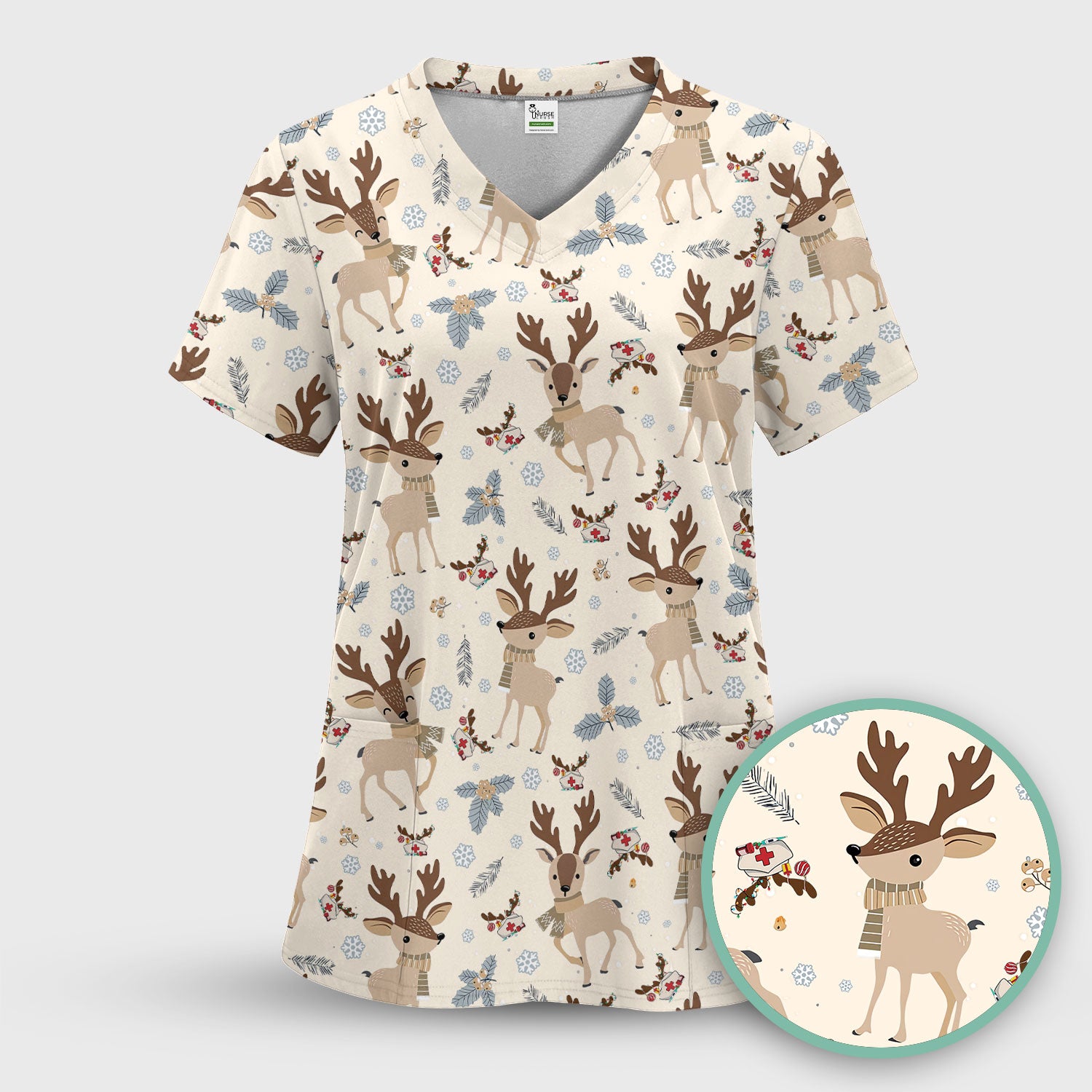 Reindeer Christmas Scrub Top - Cozy Beige Holiday Nurse Shirt with Cute Deer Pattern - Festive Medical Scrubs for Women RN CNA LPN