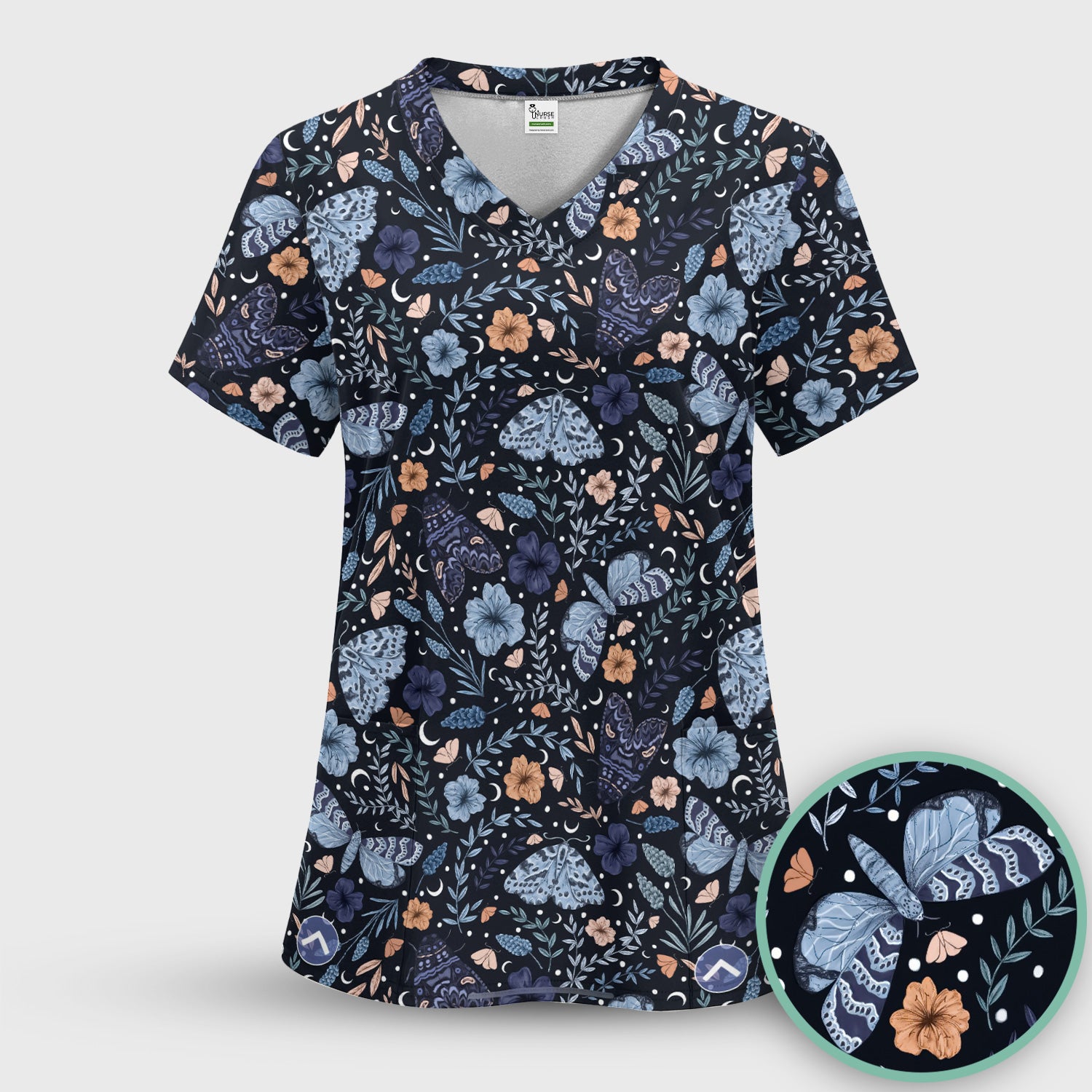 Charming Night Moth Butterfly Floral Pattern Scrub Top, Comfortable Scrubs for Nurses