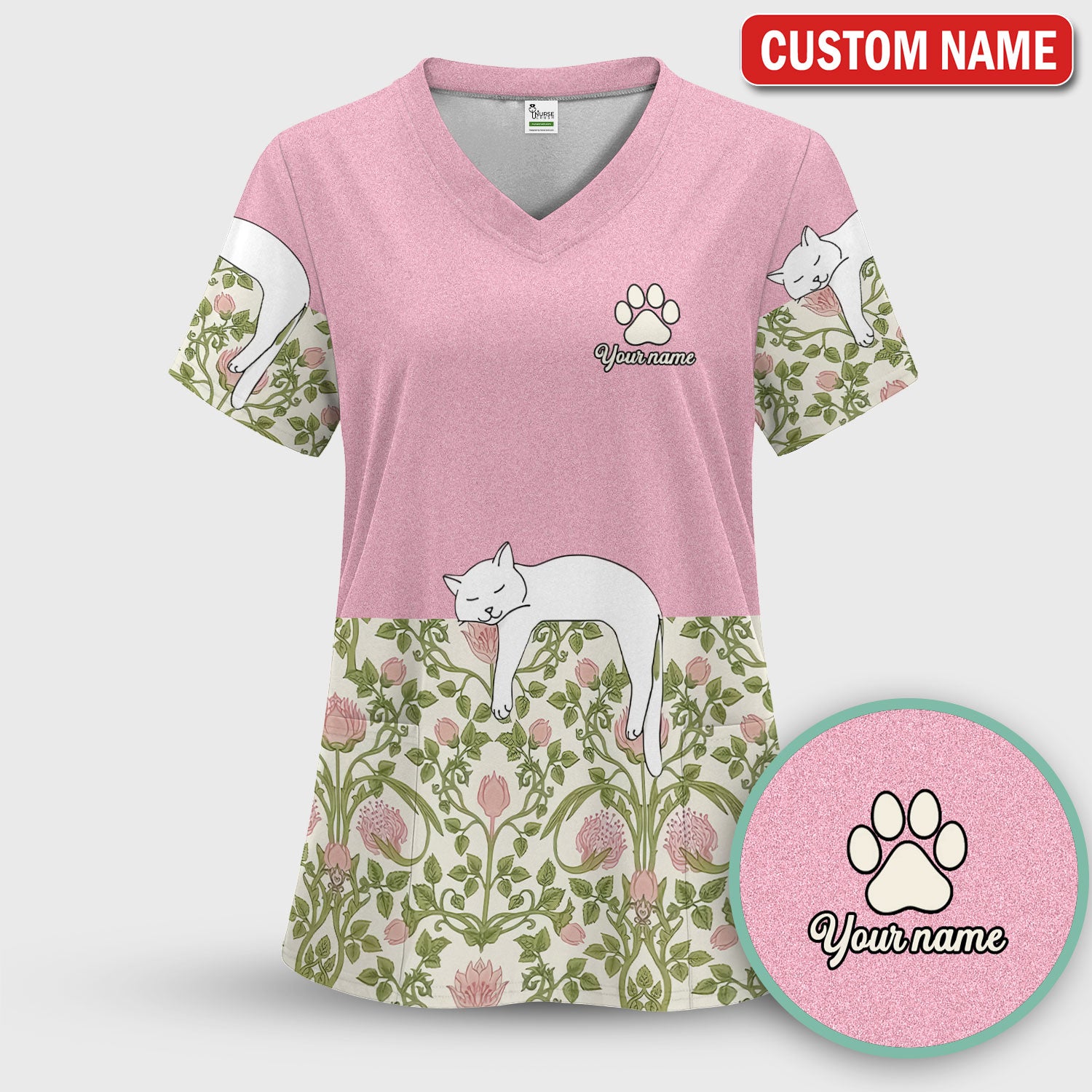 Personalized Cat Nurse Scrub Set, Custom Name Floral Scrub Shirt For Women, Breathable Fabrics Nursing Uniform