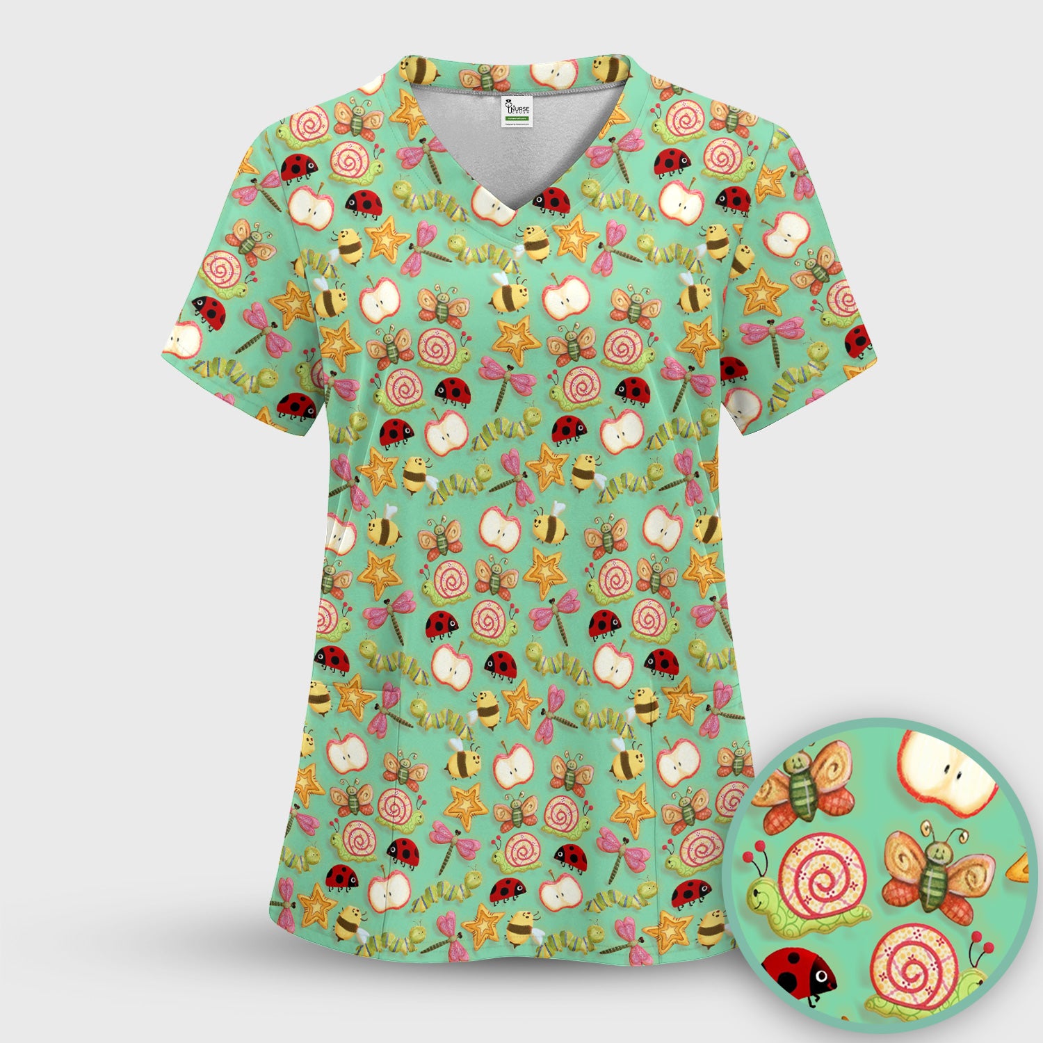 Cute Nurse Snail Ladybug Caterpillar Apple Garden Pattern Scrub Top, Breathable Fabrics Nursing Uniform