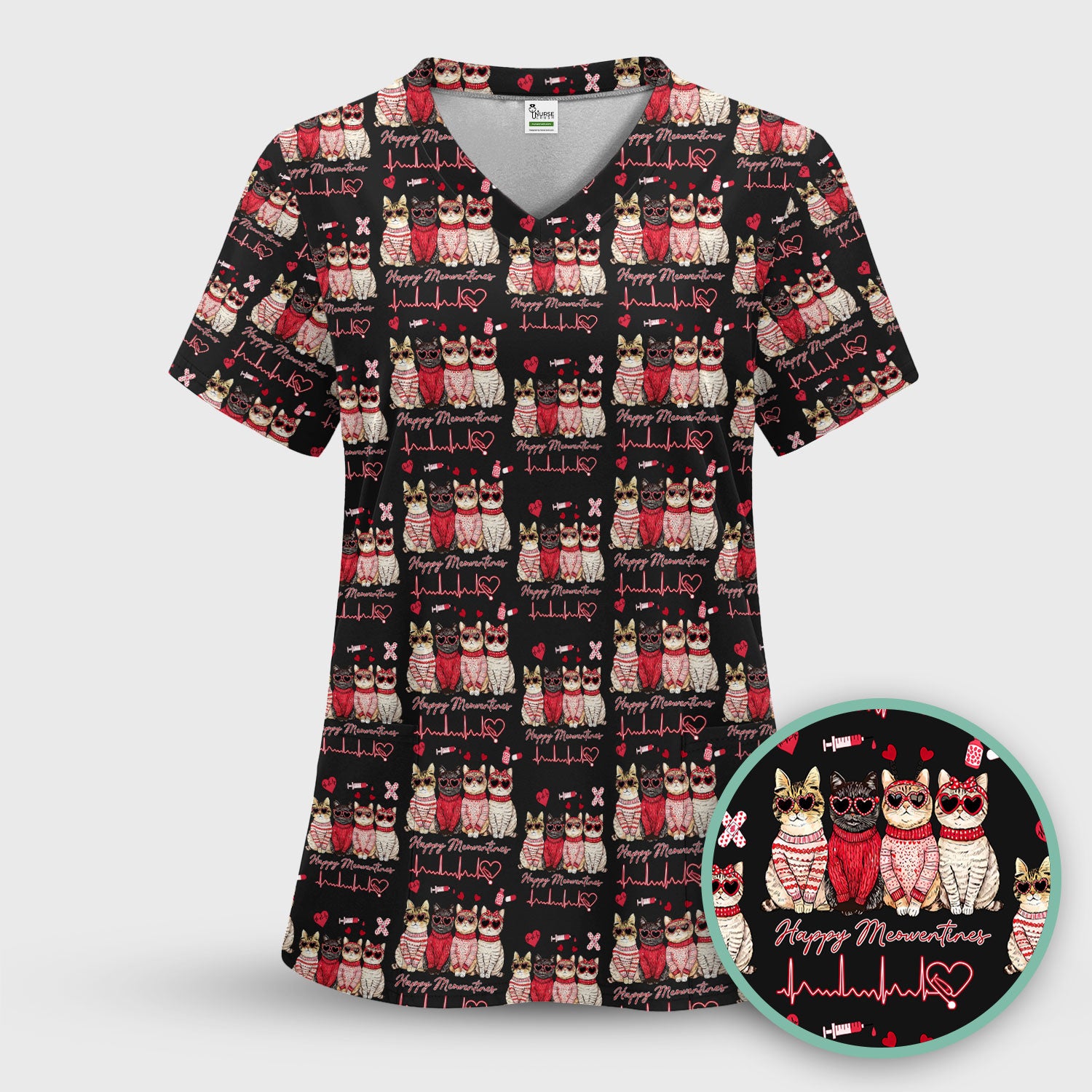 Happy Meowtines Cat Pattern Scrub Top, Valentine Cat Lover Nurse Scrub Shirt, Heartbeat Medical Pattern Nursing Uniform