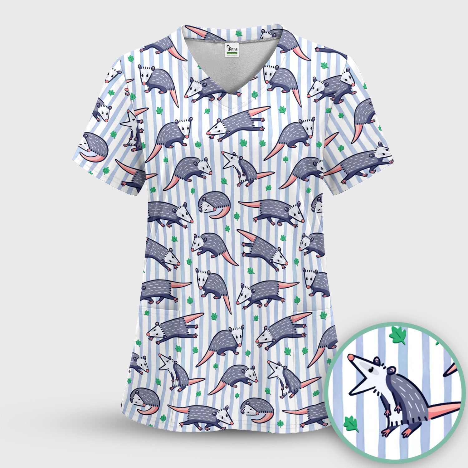 Cute Opossum Blue Stripe Pattern Scrub Top, Breathable Fabrics Nursing Uniform