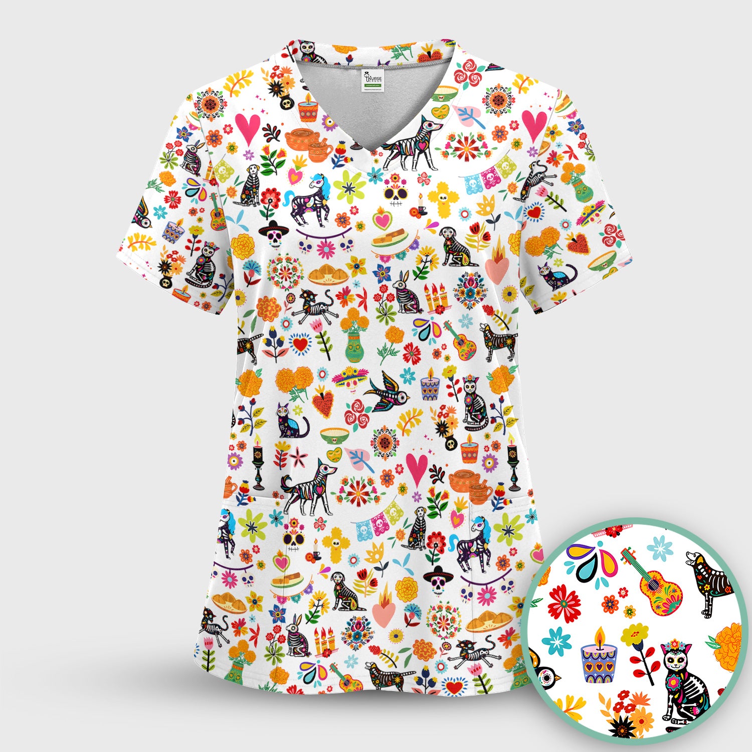 Day Of The Dead Sugar Skull Print Scrub Set, Scrub Pants and V Neck Top