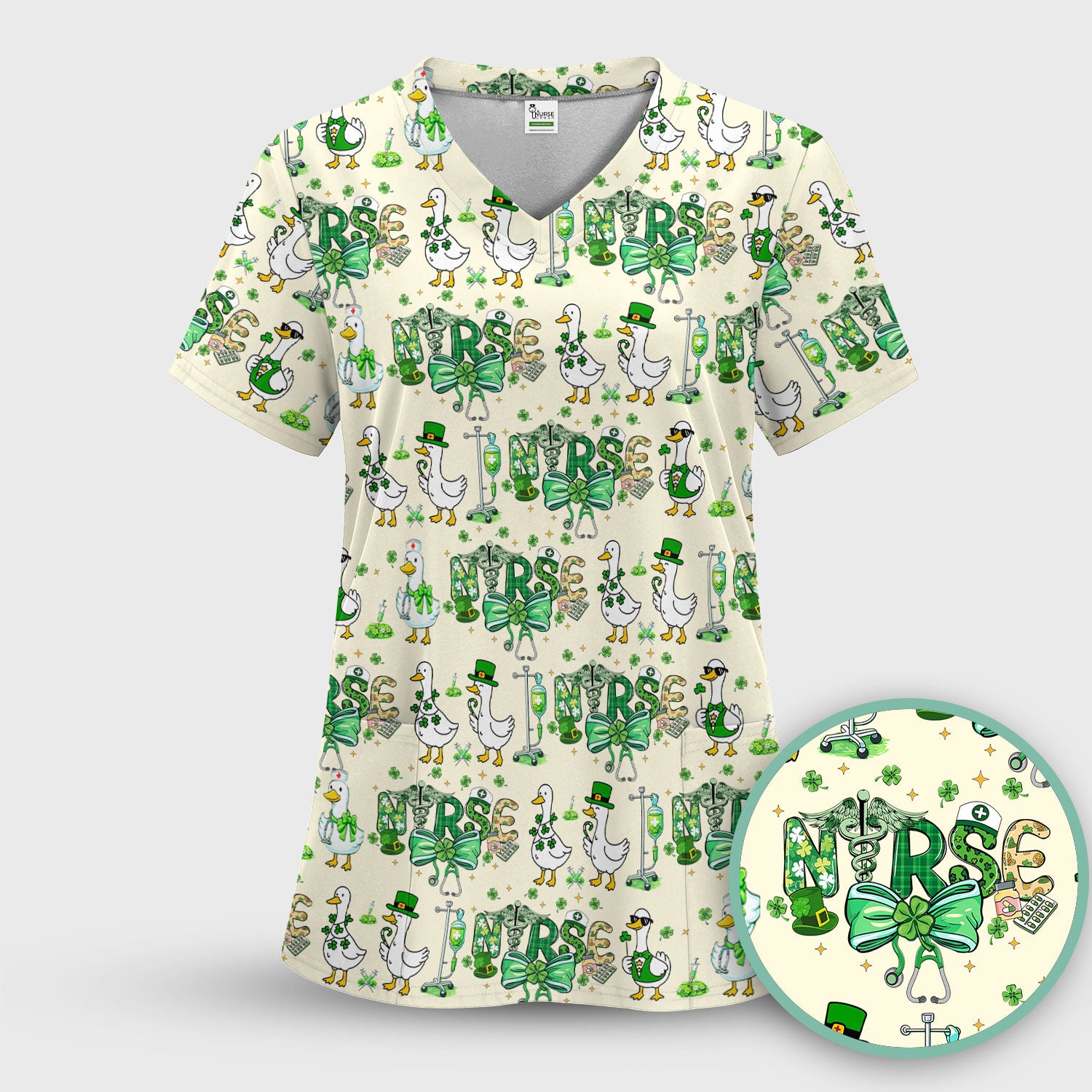Funny Goose Nurse Shamrock Scrub Set, St. Patrick’s Day Nurse Pattern Shirt, Breathable Fabrics Nursing Uniform