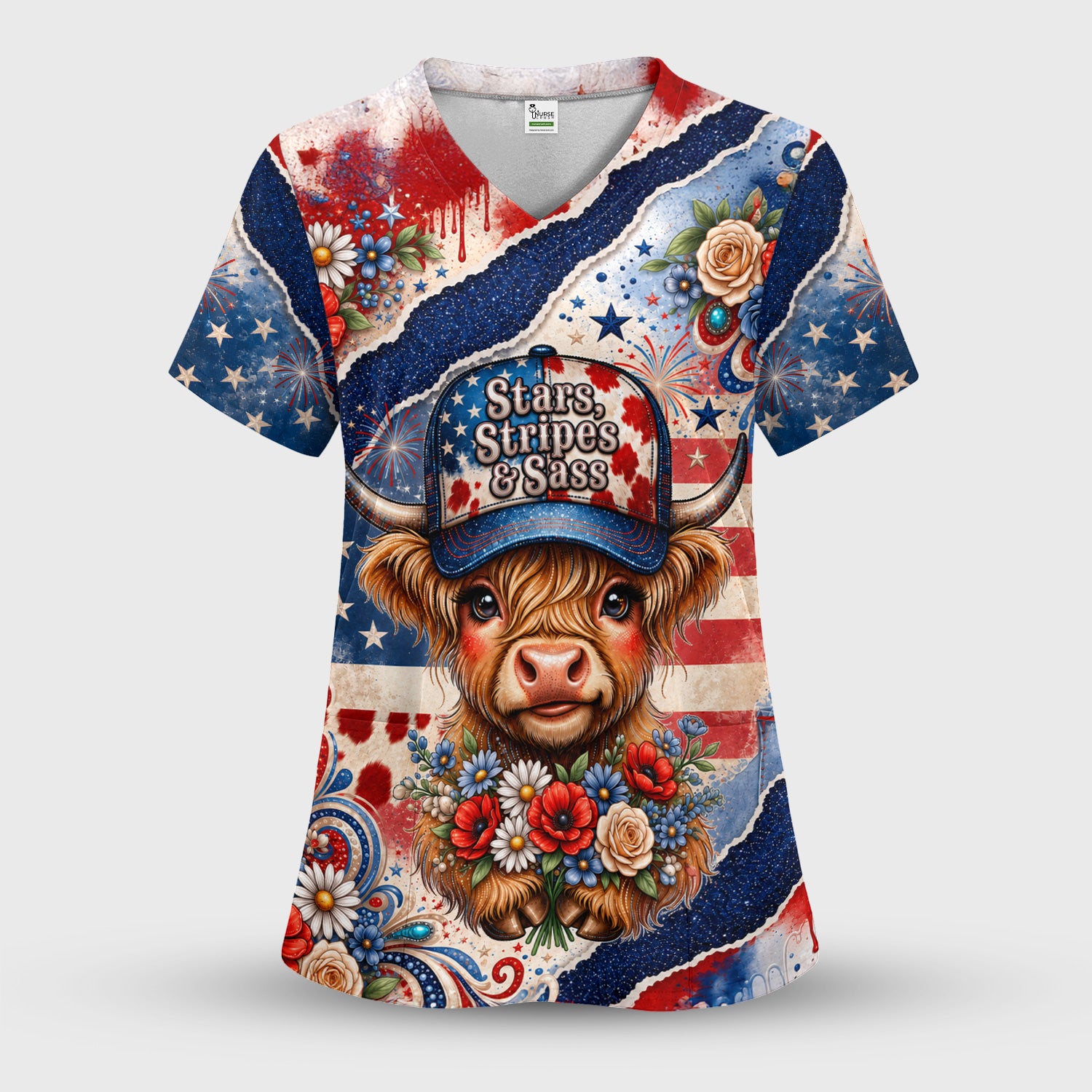 Patriotic Highland Cow Pattern, Healthcare Workers Scrub Top, Comfortable Scrubs for Nurses
