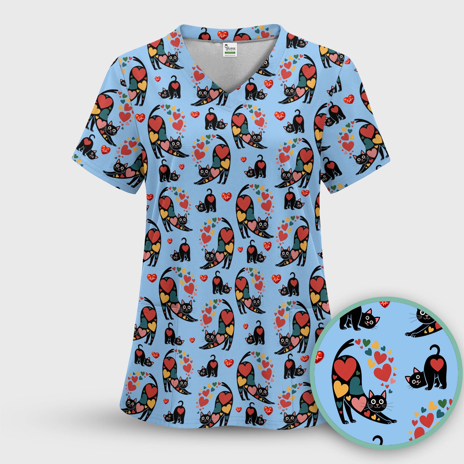 Playful Cat Valentine Heart Print Nurse Scrub Top, Comfortable Scrubs for Nurses