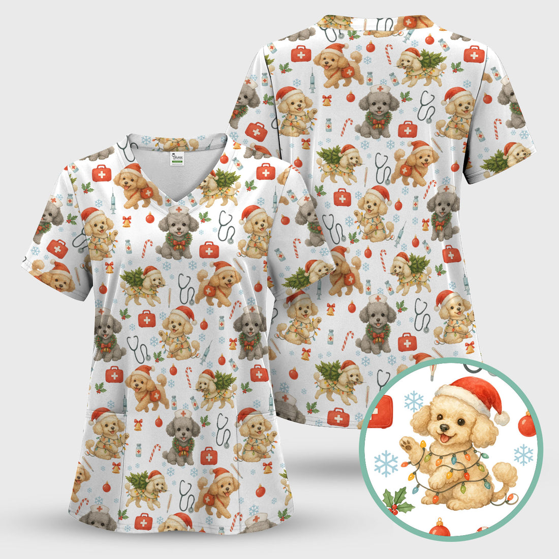 Cute Christmas Dog Scrub Top - Puppy Nurse Shirt Santa Hat Print - Holiday Medical Scrubs Gift for Women CNA RN Doctor
