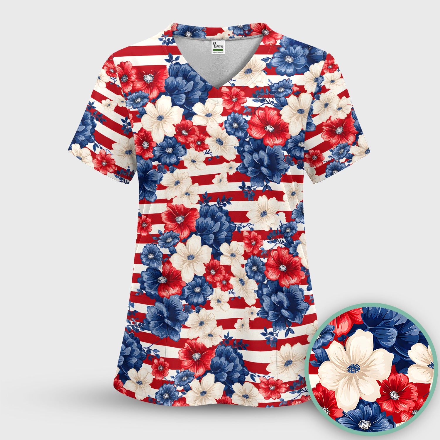 Patriotic Floral Nurse for RN & CNA, American Flag Healthcare Workers Medical Uniform Scrub Top, Comfortable Scrubs for Nurses
