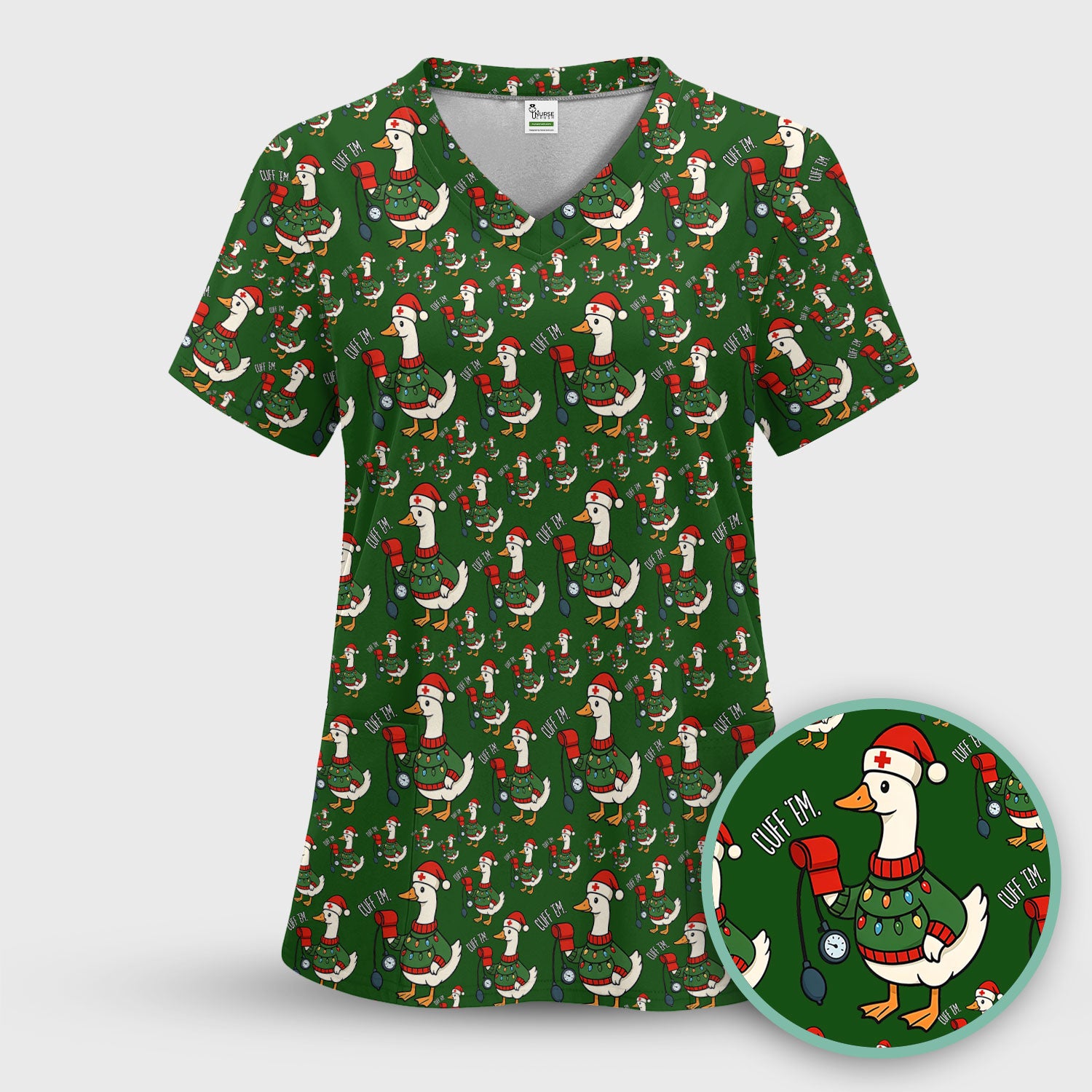 Nurse Christmas Duck Scrub Top, Cute Goose Pattern Scrub Shirt, RN LPN CNA Nursing Uniform