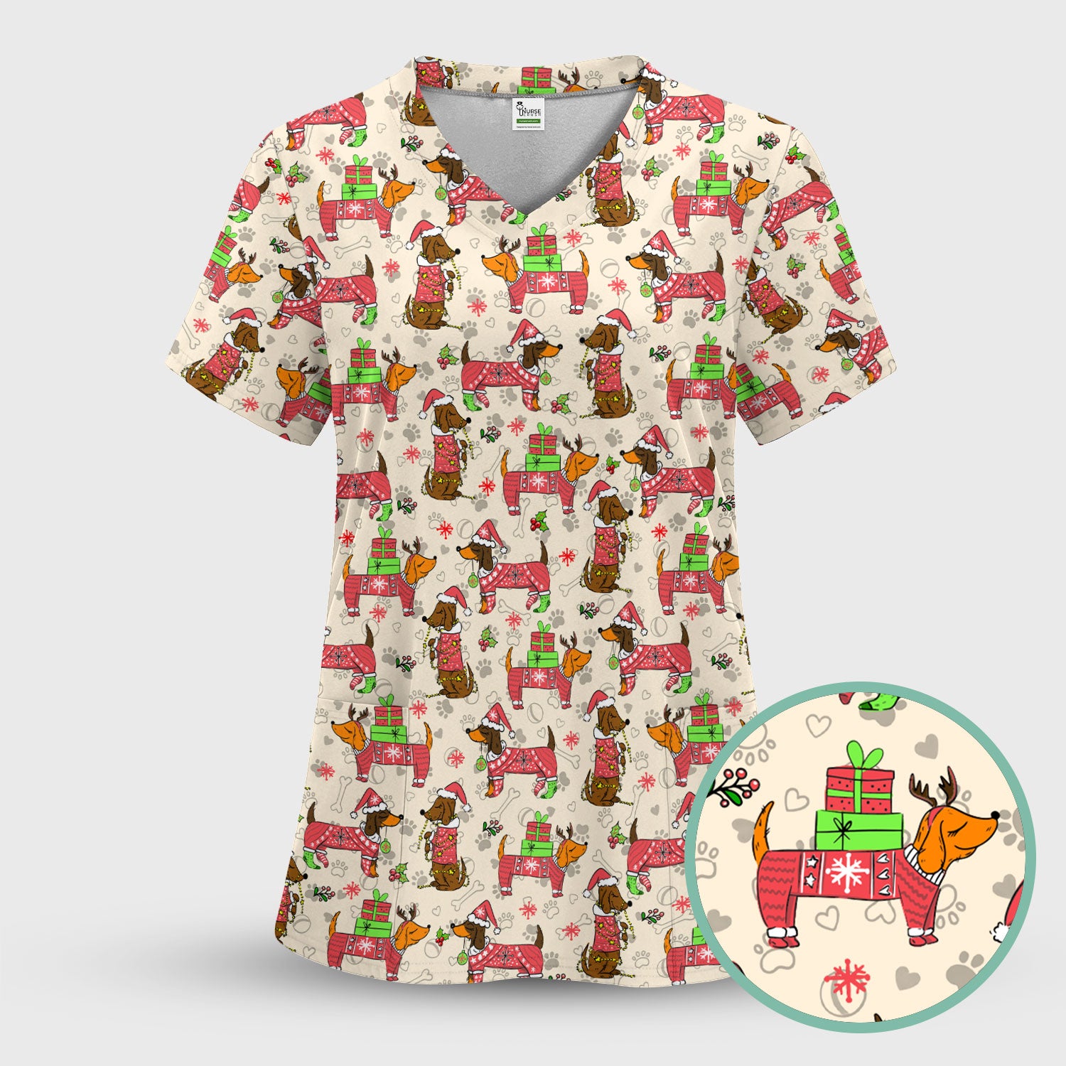 Christmas Dachshund Nurse Scrub Top for Women - Cute Sausage Dog in Santa Hat & Xmas Gift - Funny Holiday Nursing Shirt RN LPN CNA