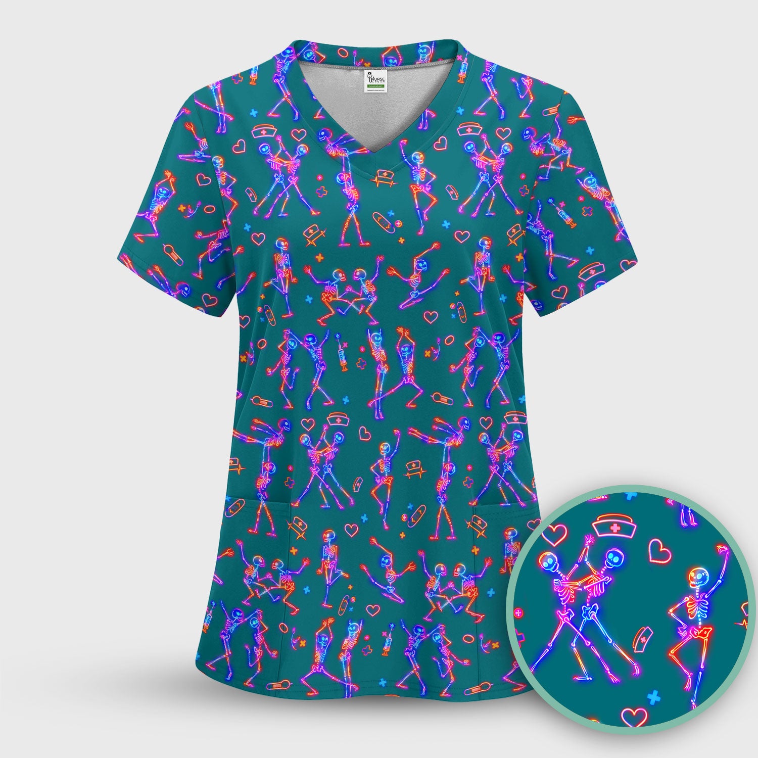 Neon Dancing Skeleton Medical Pattern Scrub Top, Comfortable Scrubs for Nurses