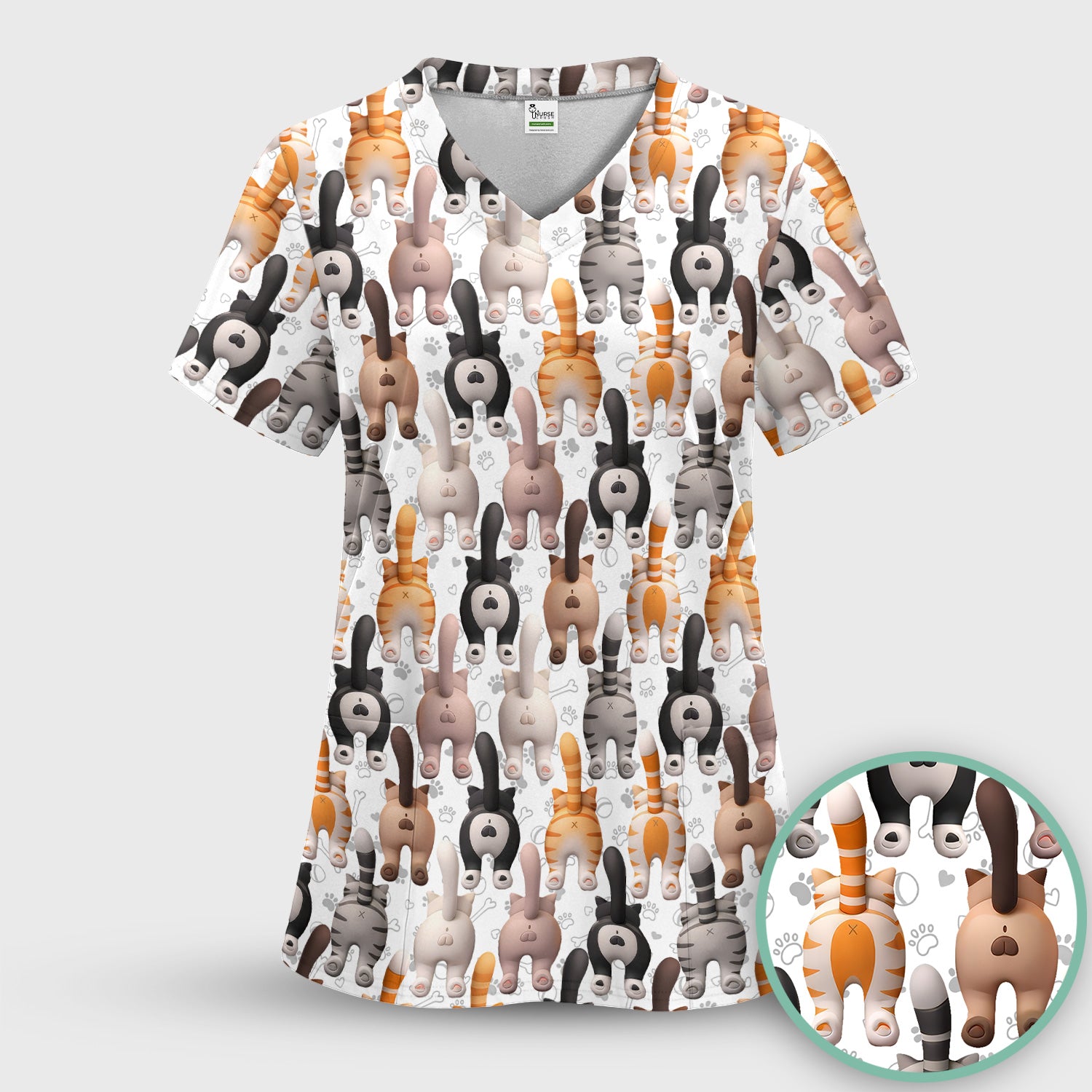 Funny Cat Butt Paw Print Pattern Scrub Set, Nurse Uniform Scrubs Set