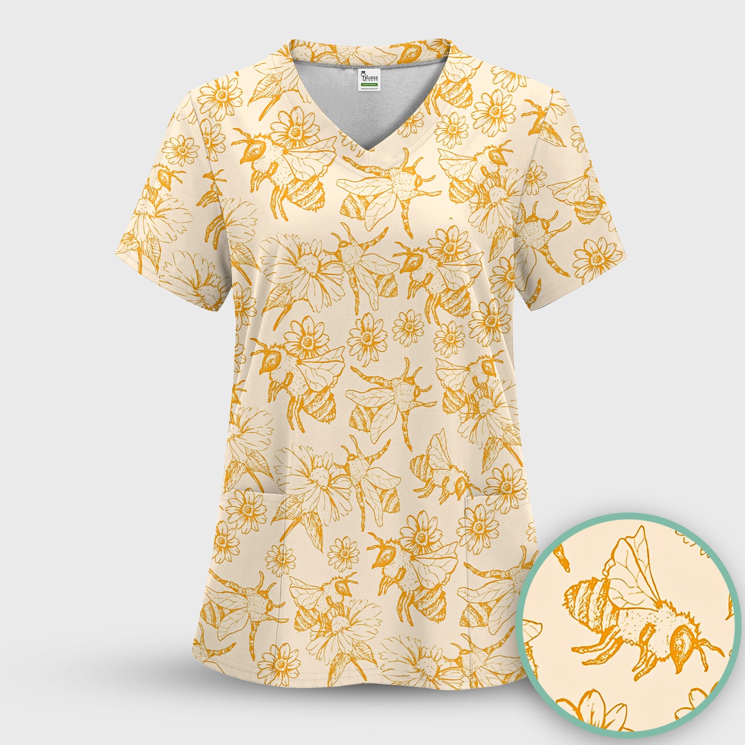 Cute Honey Bee Flower Sketch Pattern Scrub Top, Comfortable Scrubs for Nurses