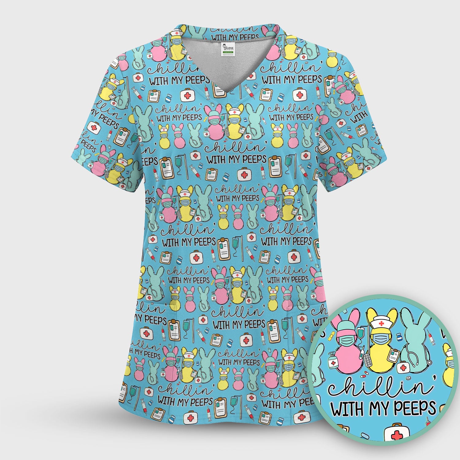 Cute Bunny Nurse Chillin With My Peeps Scrub Top, Comfortable Scrubs for Nurses, Easter
