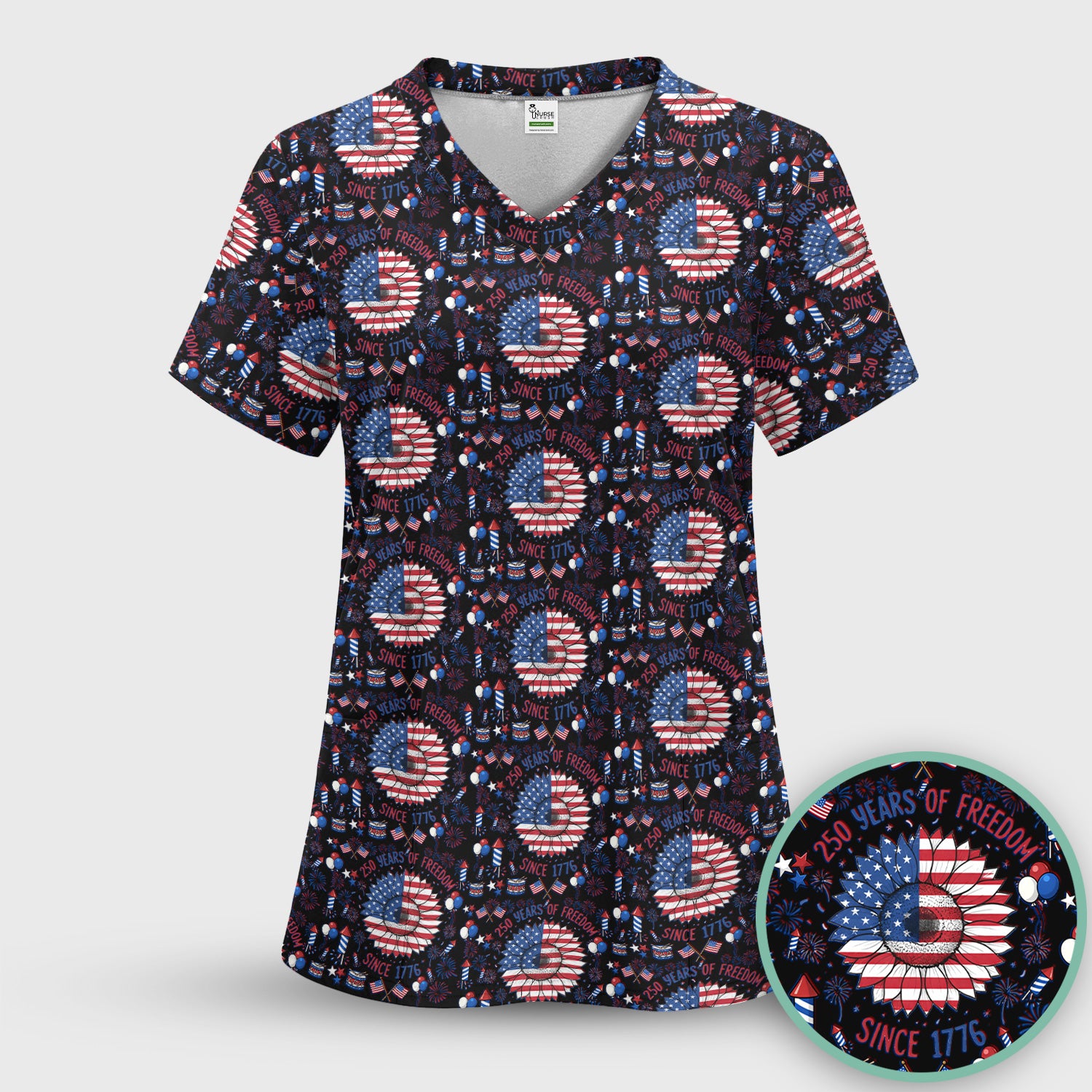 Festive Patriotic Sunflower American Flag Fireworks Pattern Scrub Set, Breathable Med Uniform