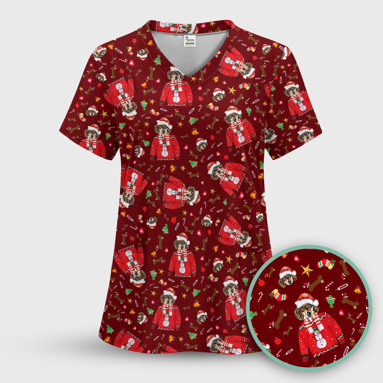 Funny Dog Christmas Scrub Top – Cute Puppy in Santa Outfit Pattern – Festive Holiday Medical Uniform For Nurses And Pet Lovers