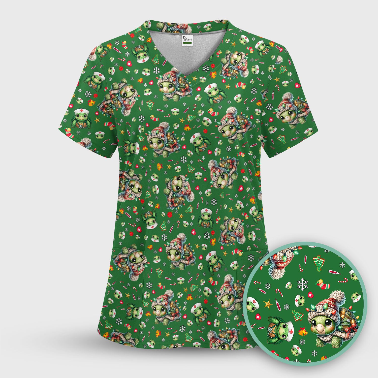 Christmas Turtle Scrub Top - Cute Funny Nurse Shirt - Holiday Medical Uniform for Women RN LPN CNA Gift Idea