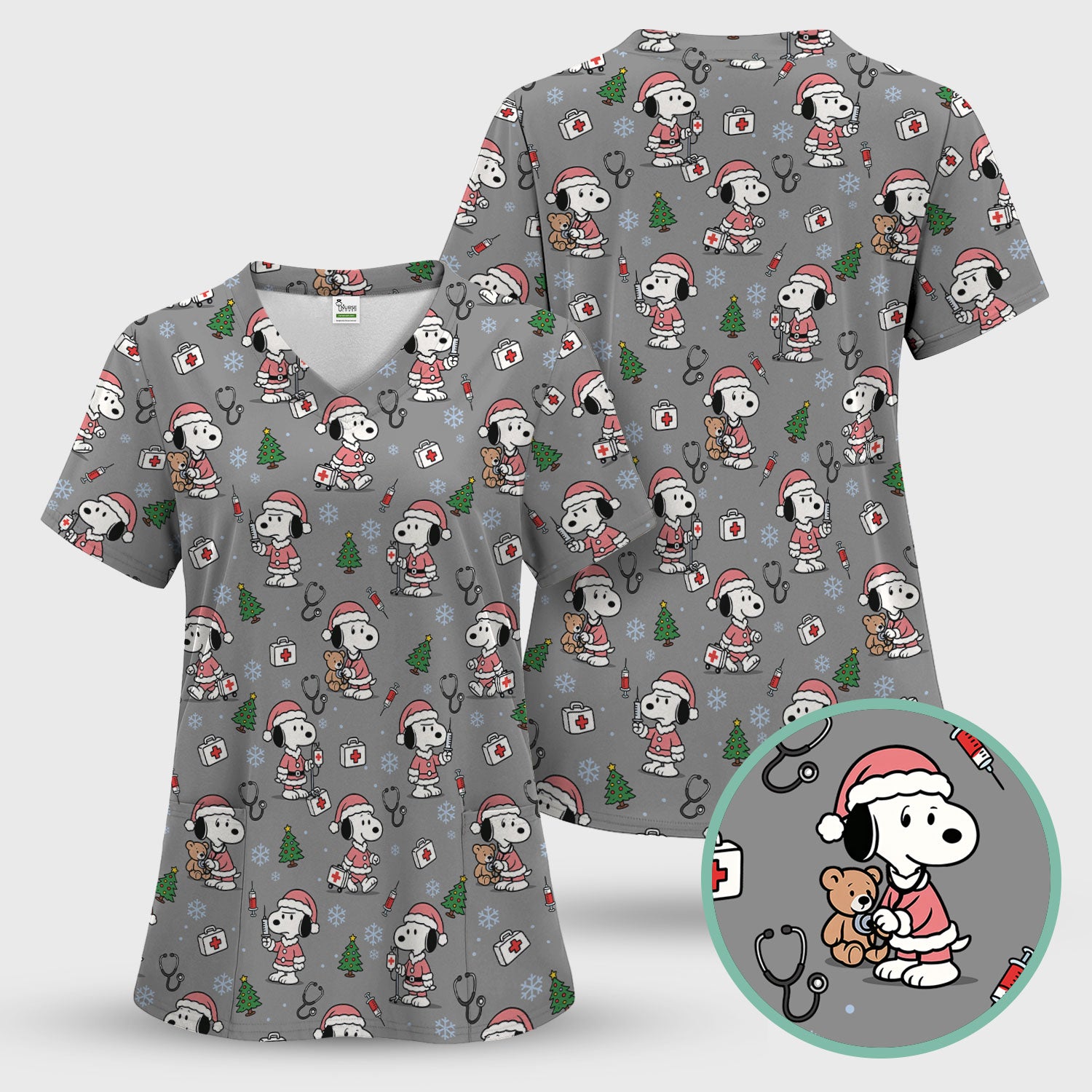 Snoopy Christmas Nurse Scrub Top for Women - Cute Cartoon Holiday Medical Uniform with Pockets - Nursing Gift for RN CNA LPN
